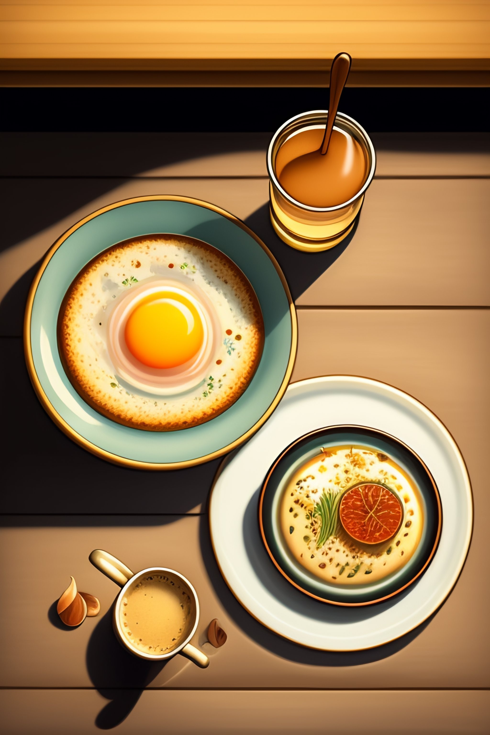 Lexica - A top view of breakfast table with a plate of egg sunny up and ...