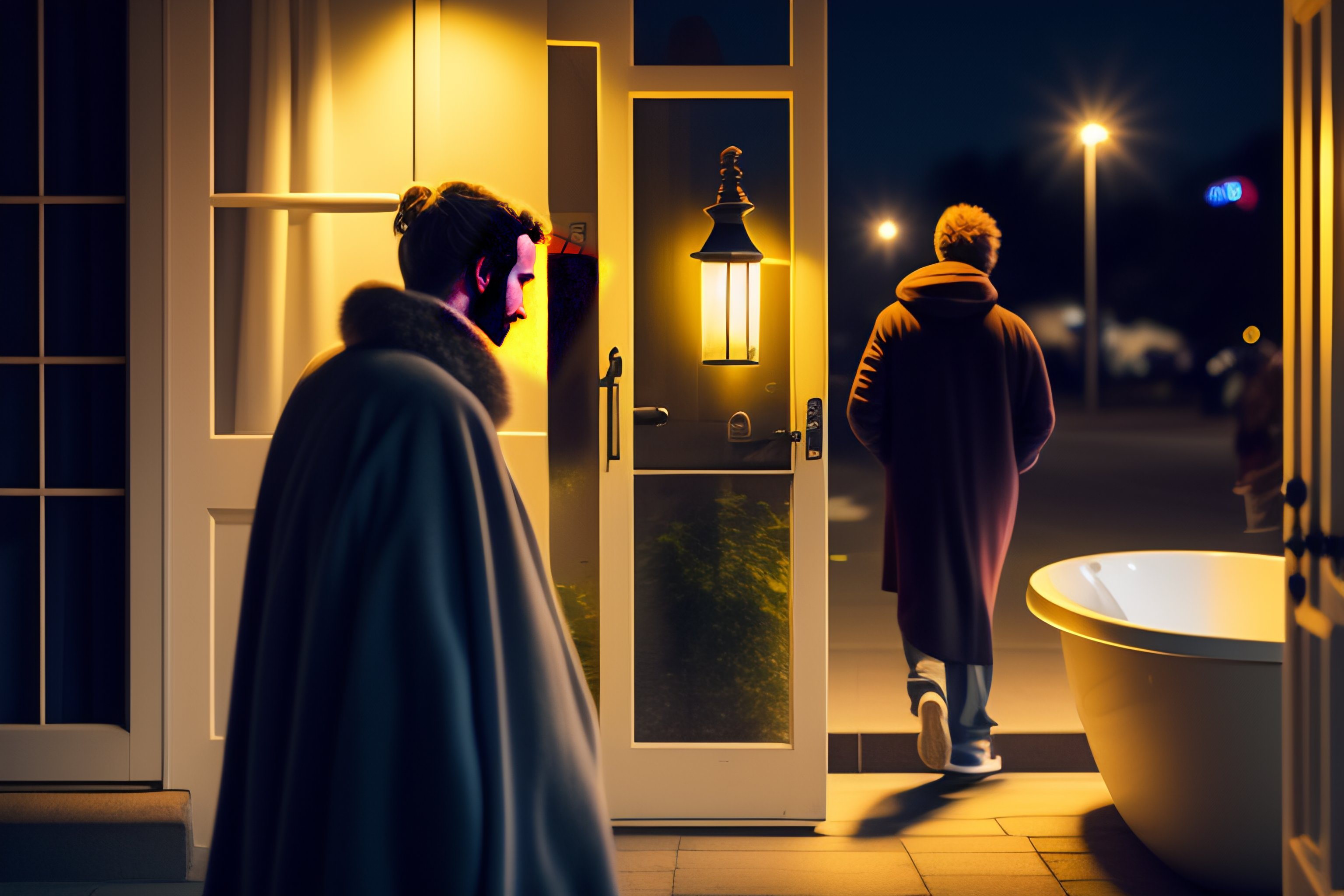 Lexica Street look on a white man leaves his house at night, and a