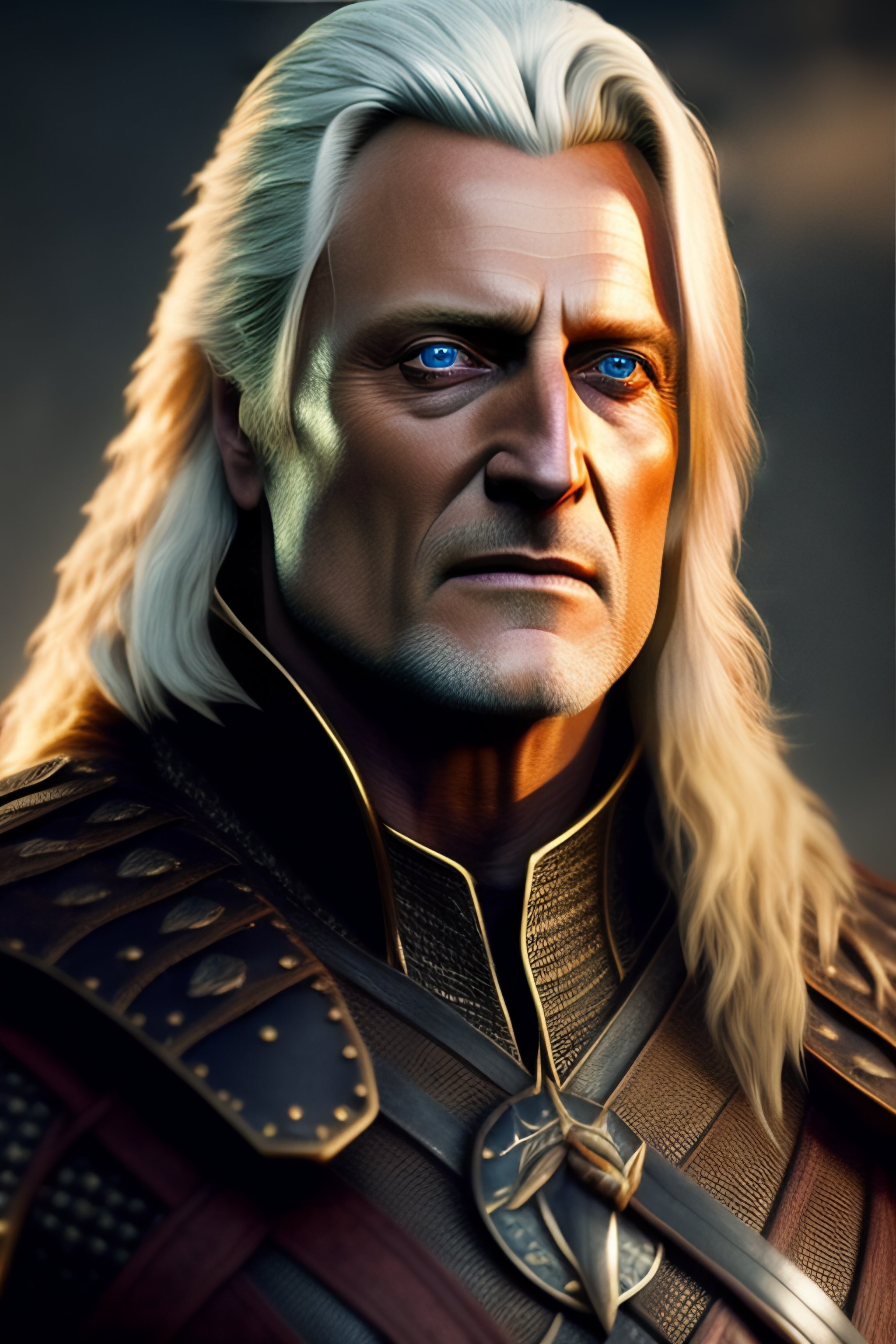 Lexica - Rutger Hauer as Geralt of Rivia. He has long white hair. He ...