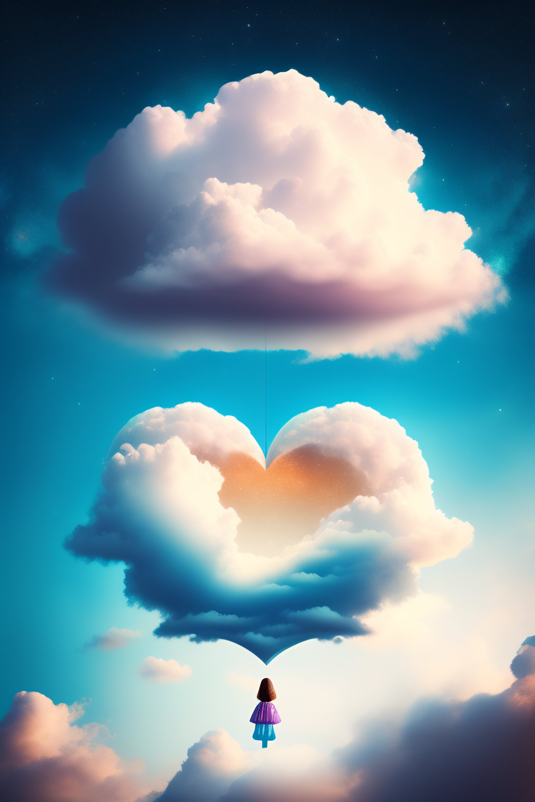 Lexica - A girl looks up at the sky, a cloud in the shape of a heart