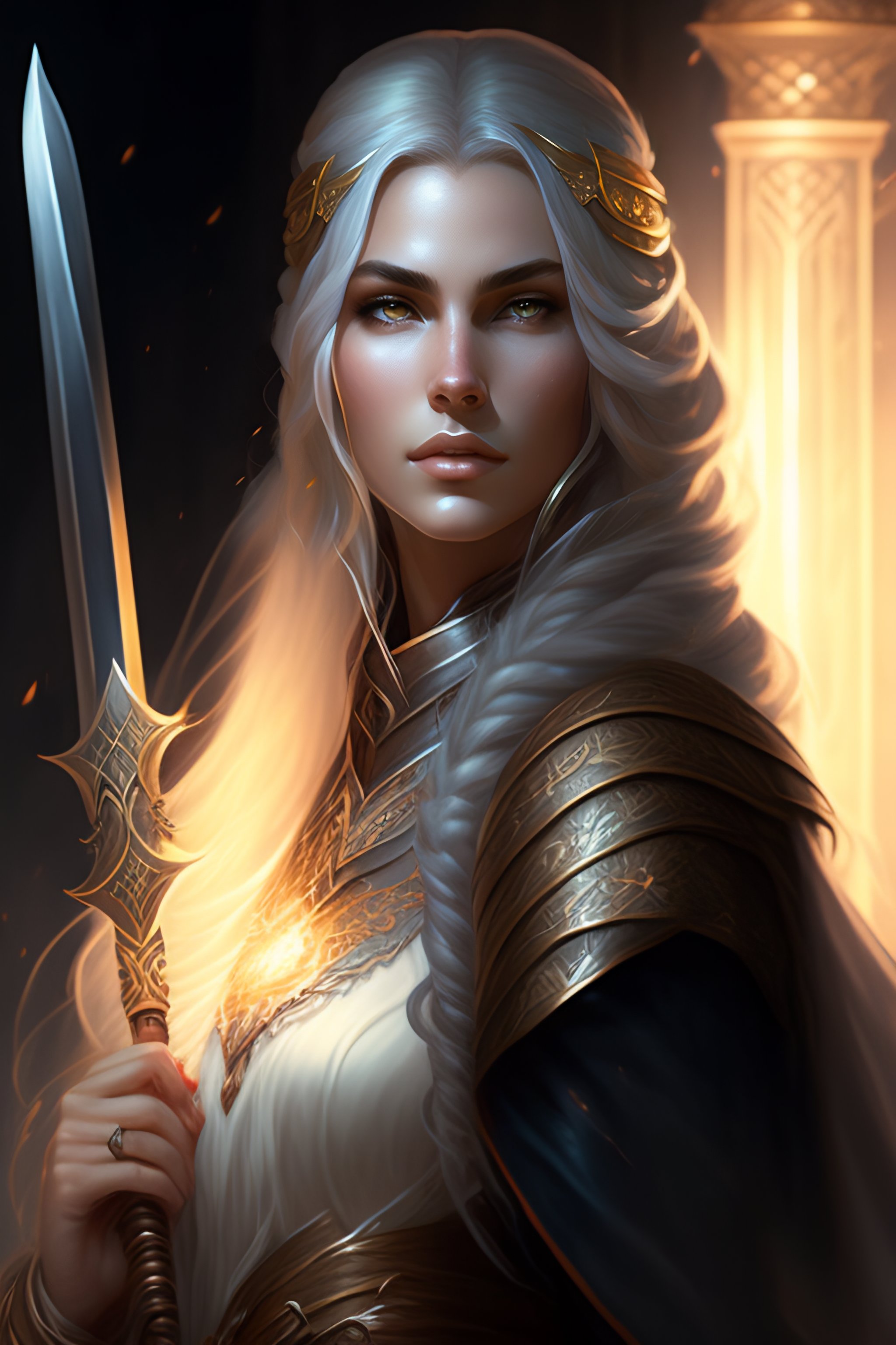 Lexica - Female cleric in center, dnd, fantasy, gray hair, holding ...