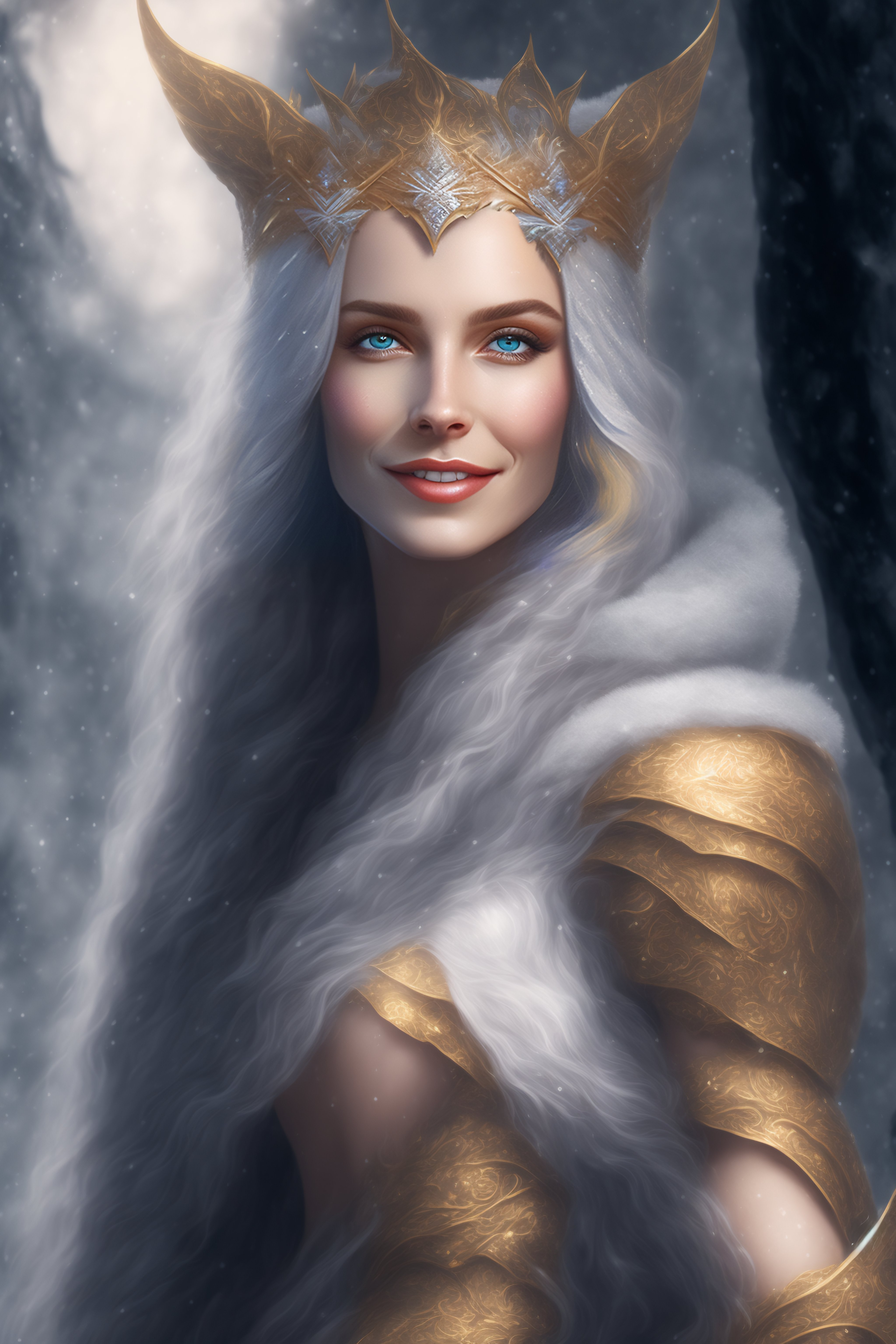 Lexica - Smiling queen of elves in icy forest