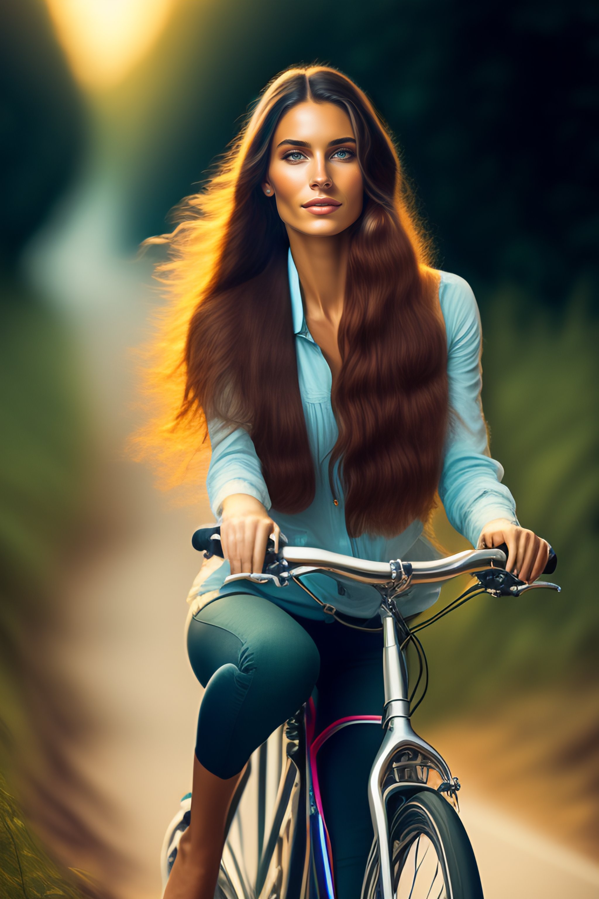 Lexica Portrait of a beautiful woman with long hair on bicycle