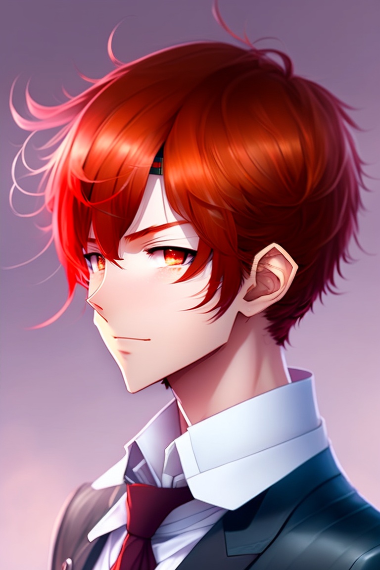 Lexica - A boy,, red hair color, red eye color, 155 cm tall,cute, 2  dimensional, fictional character,anime, He has a female face, image size:768x1152