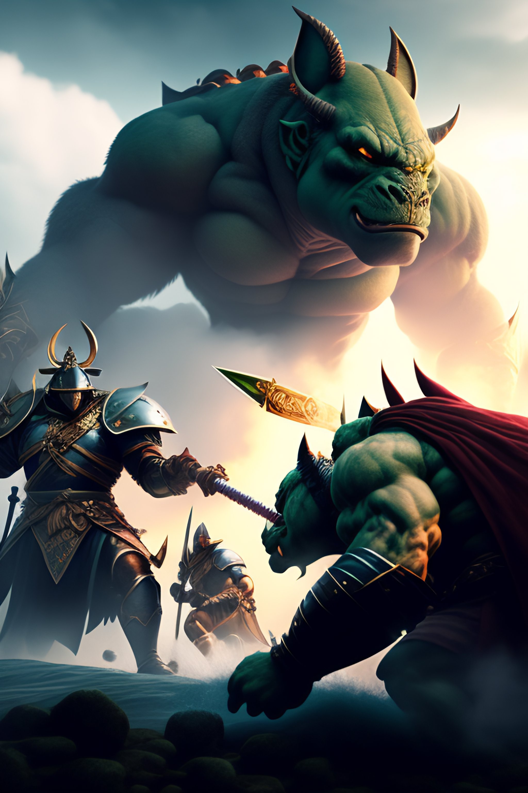 Lexica - Three knights fighting a ogre in the florest, realistic, fantasy