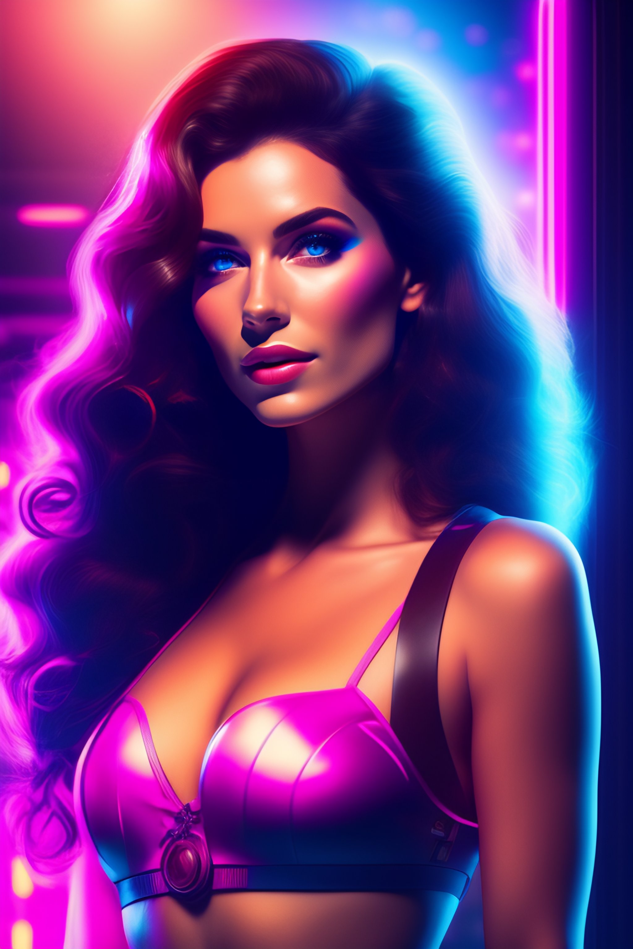 Lexica - A beautiful woman with loose wavy dark brown hair runs. Synthwave  room, pink and blue neon lights. Steampunk, comic strip atmosphere,  realis...