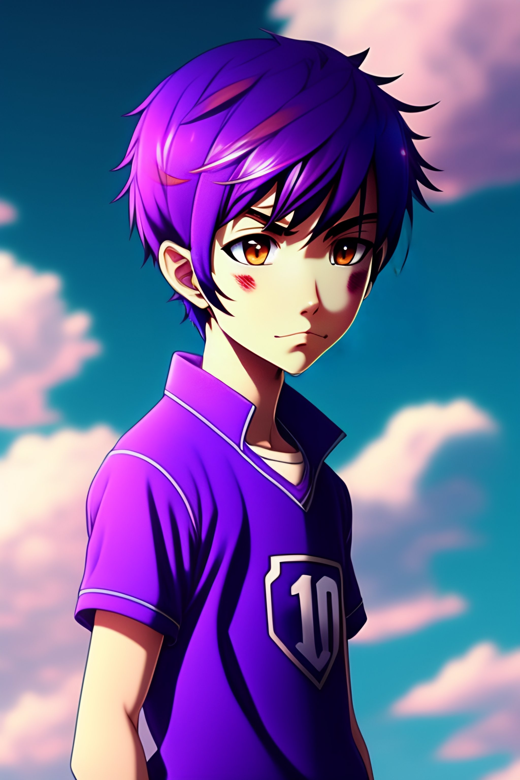 Lexica - A 12 year old boy whose hand is half purple in anime style.