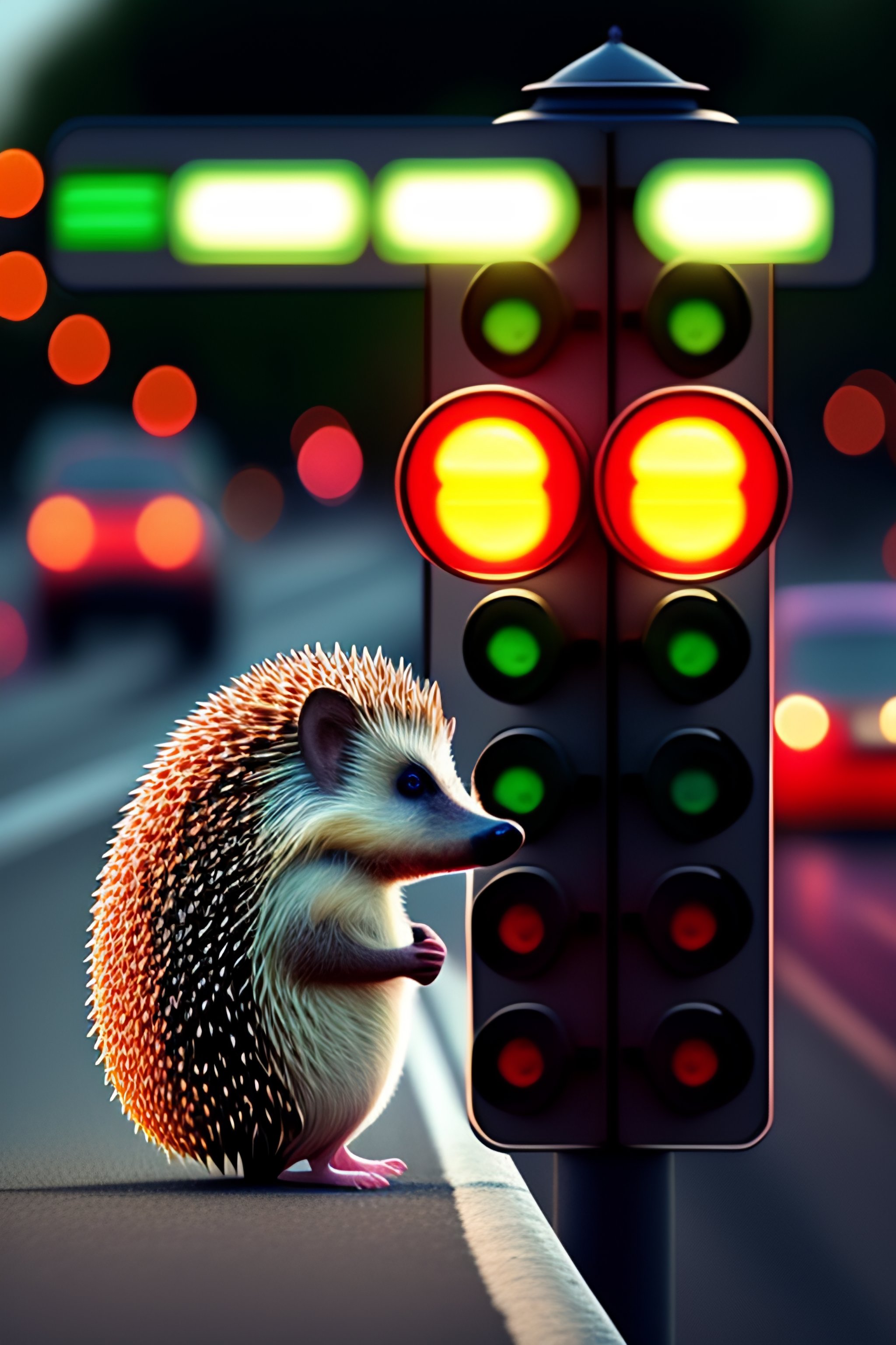 Lexica - A hedgehog waits at a set of traffic lights while looking at ...