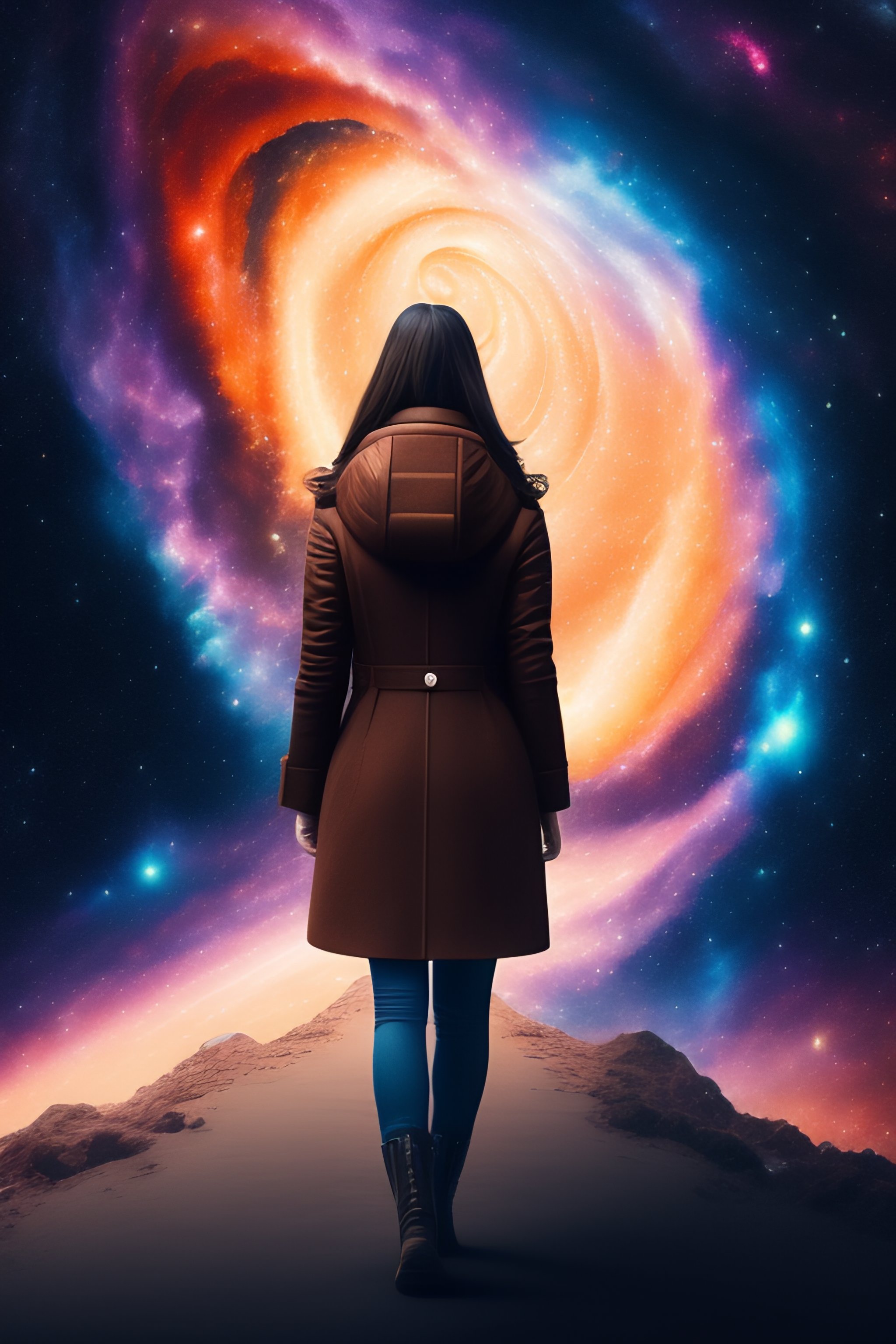 Lexica - Brown haired girl walking in a galaxy