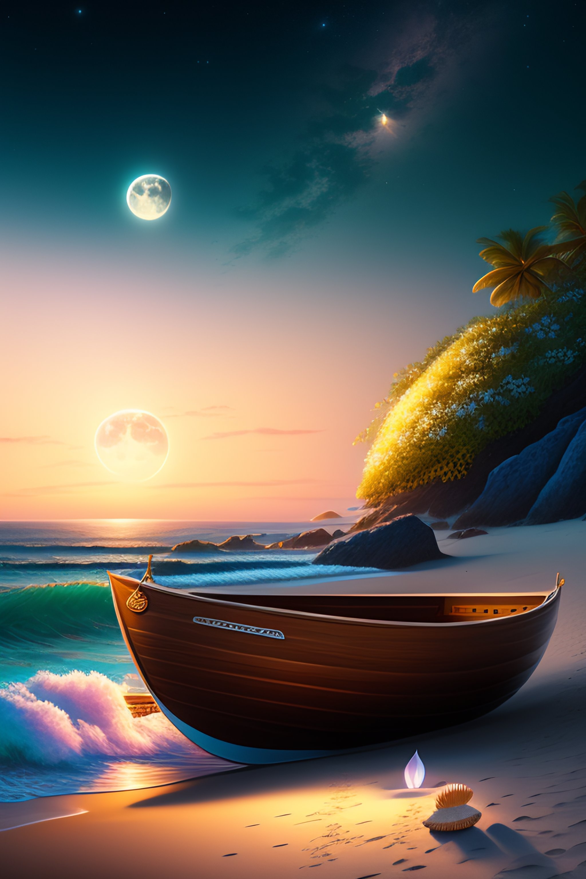 Lexica - Beautiful small wooden boats on the sand with wreath of white ...