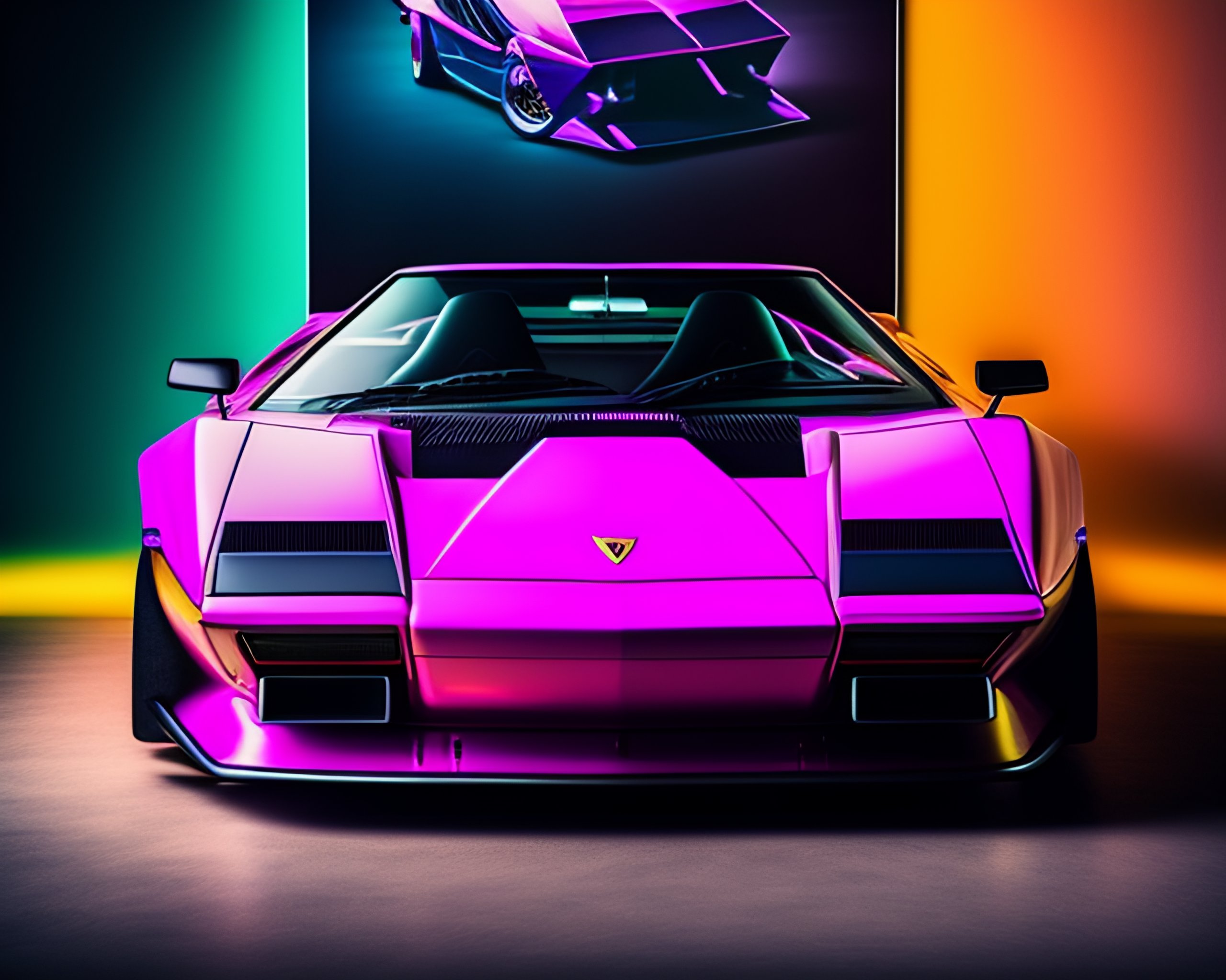 Lexica - 1980s Lamborghini poster with sportscar and woman model, studio  photography, neon colors