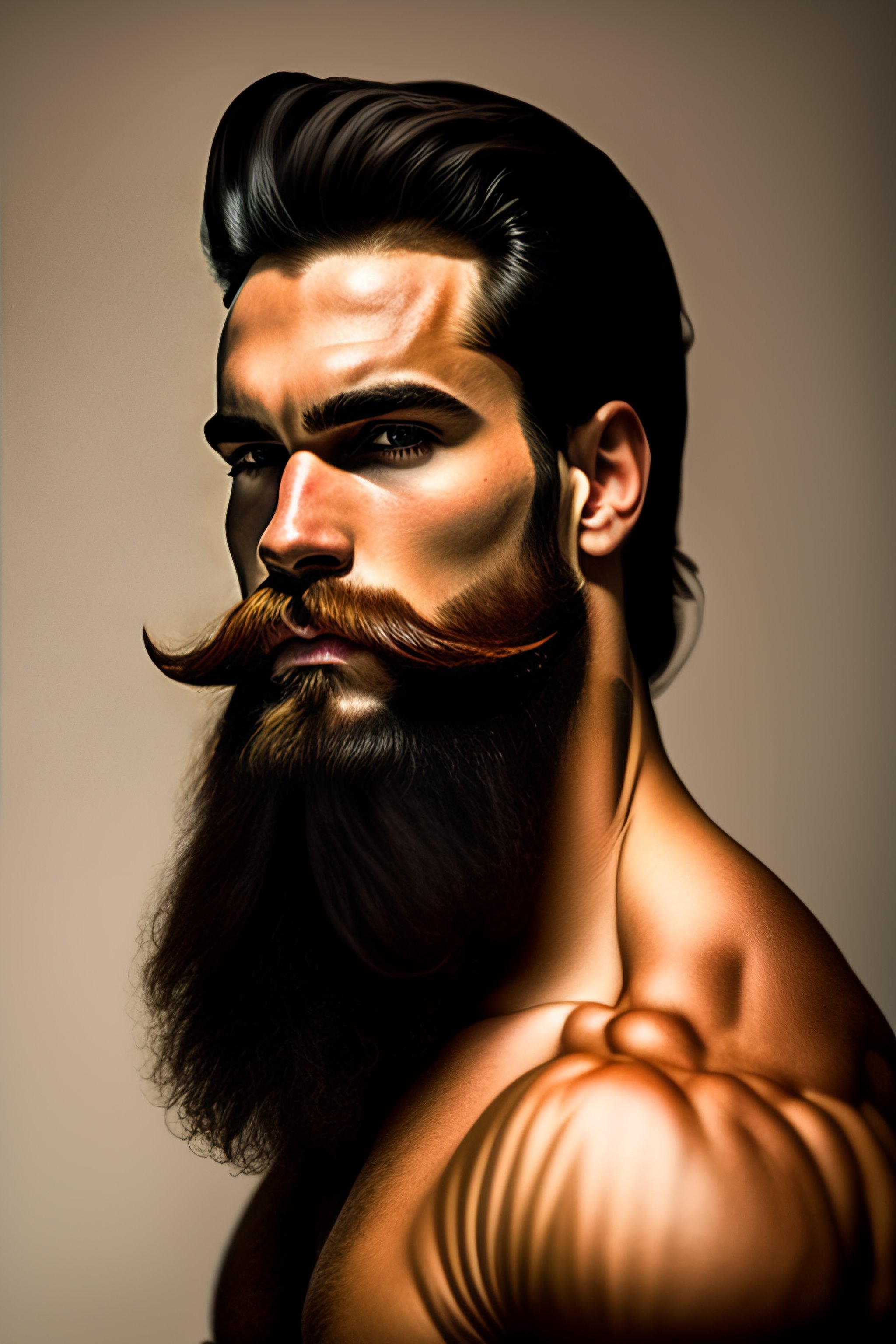 Lexica - Portrait of handsome young muscle man with an unbelievably long  beard and enormous handlebar mustache