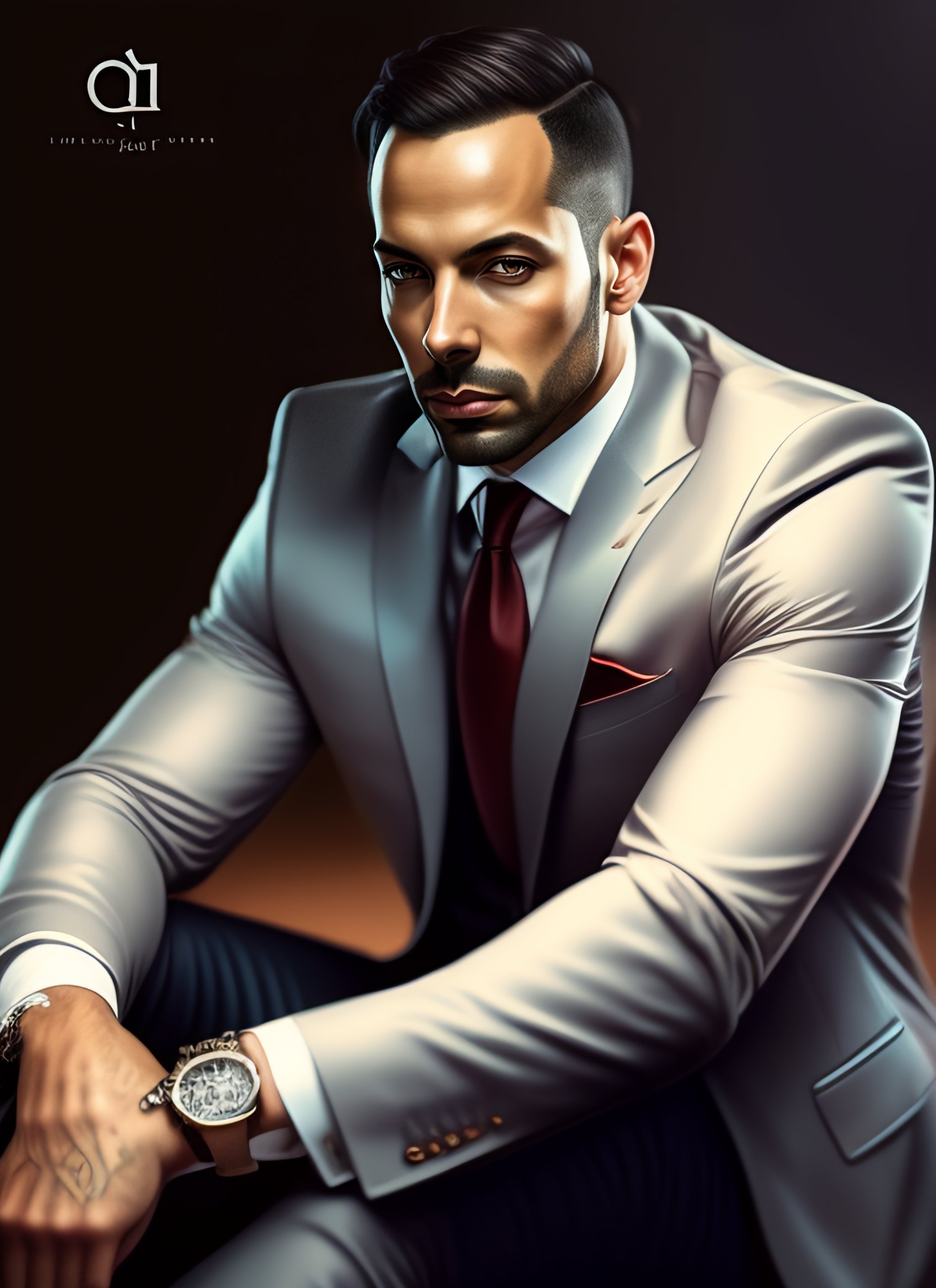 Lexica A highly detailed illustration of Andrew Tate wearing a suit, dramatic sitting thinking