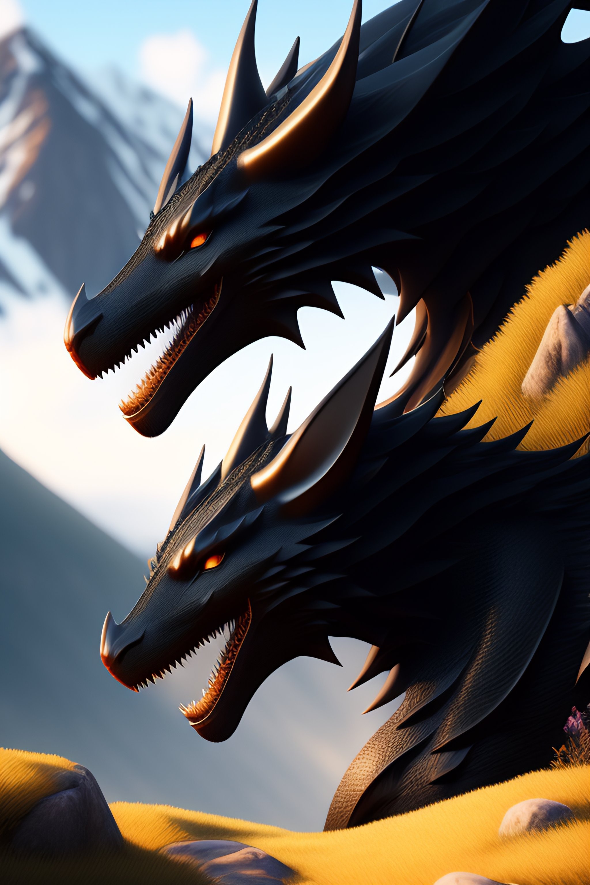 Lexica - A black dragon in the mountains, soft light, sharp focus ...