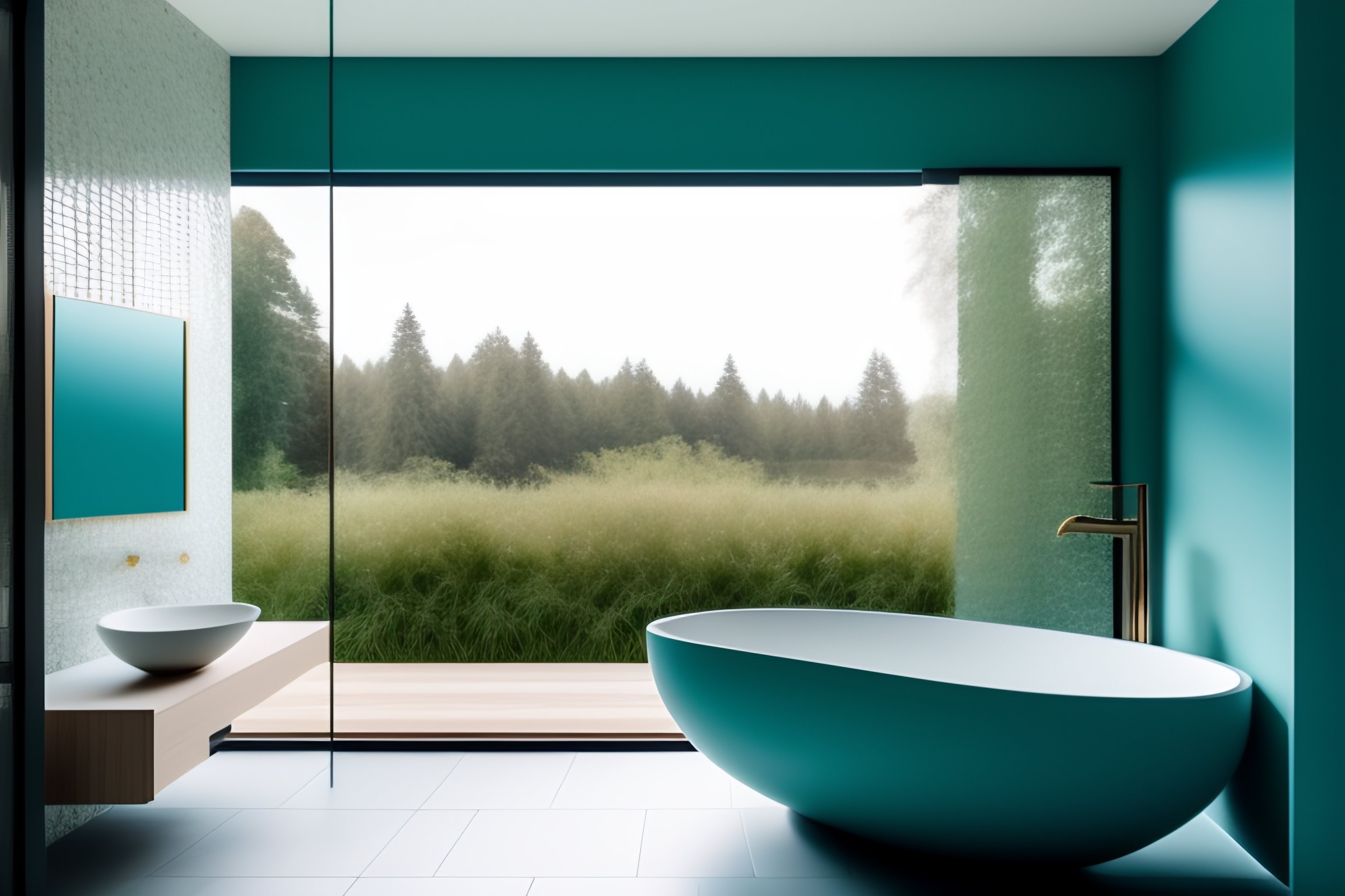 Lexica - Bathroom tiles in aqua stone imitation, bathtub by the window