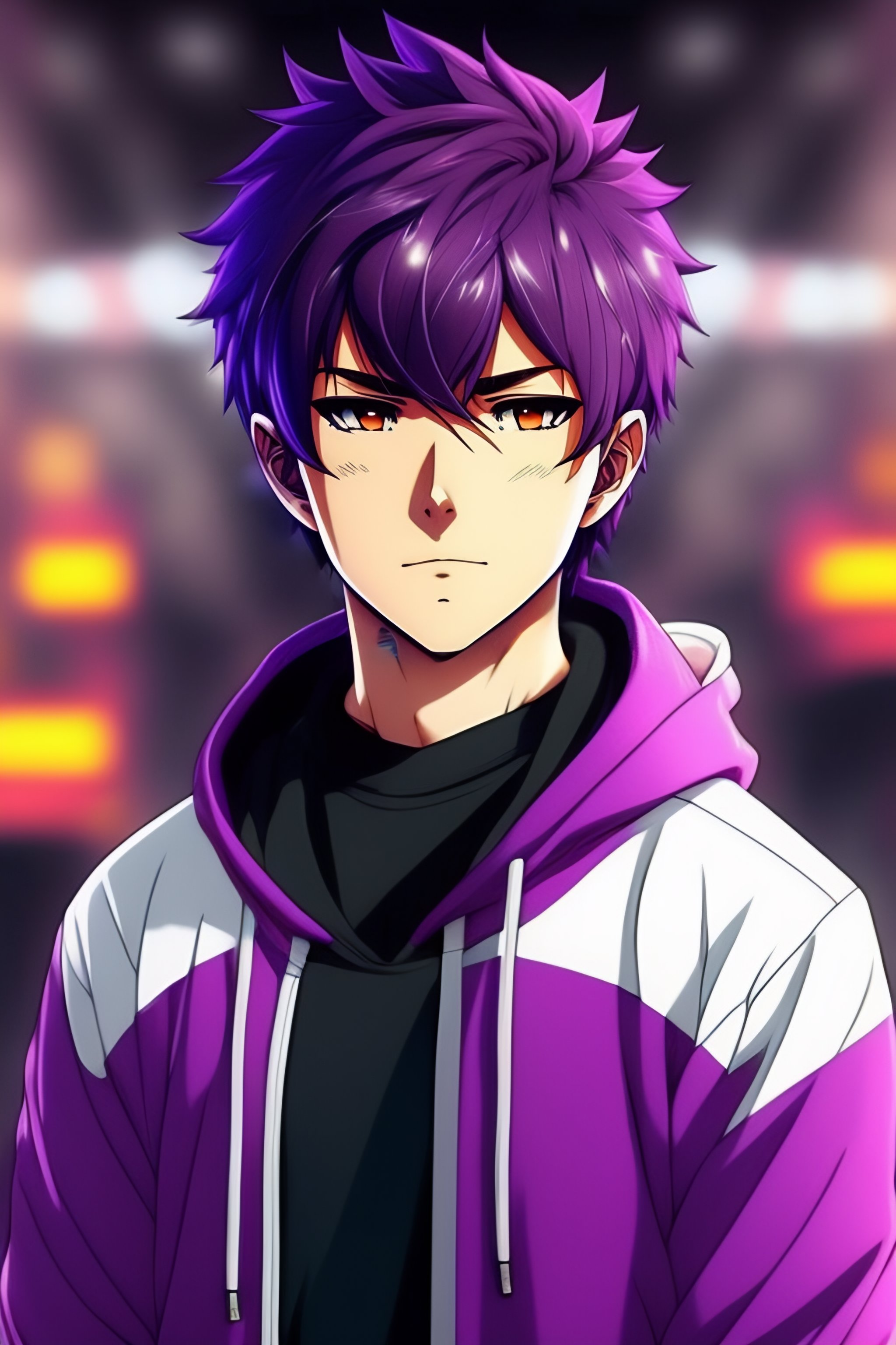 Lexica - Purple hair anime brown guy, hoodie, no expression, no emotion,  anime style, manga, cartoon, anime