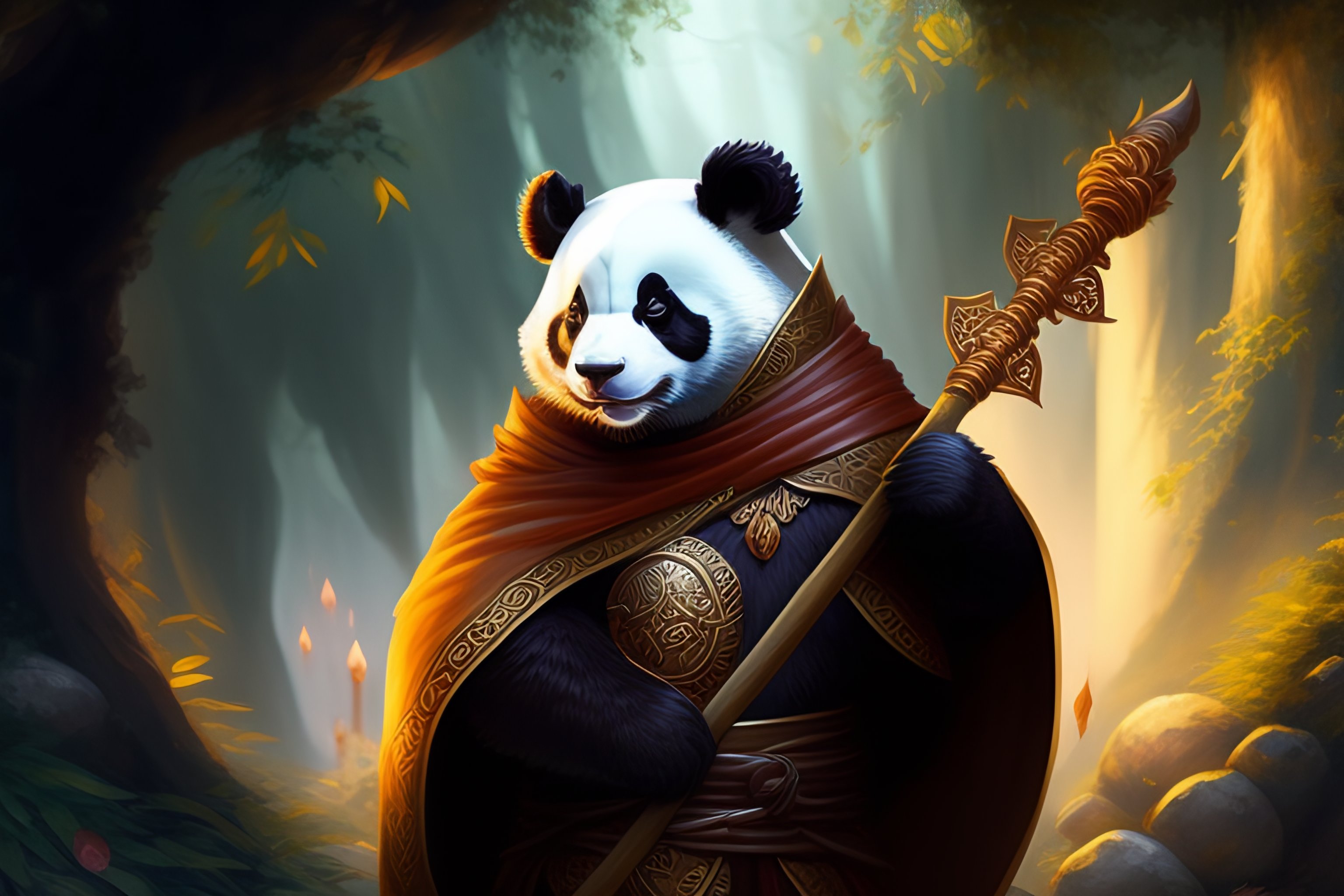Lexica - Anthropomorphic panda mage, mage cloak, holding a large mage ...
