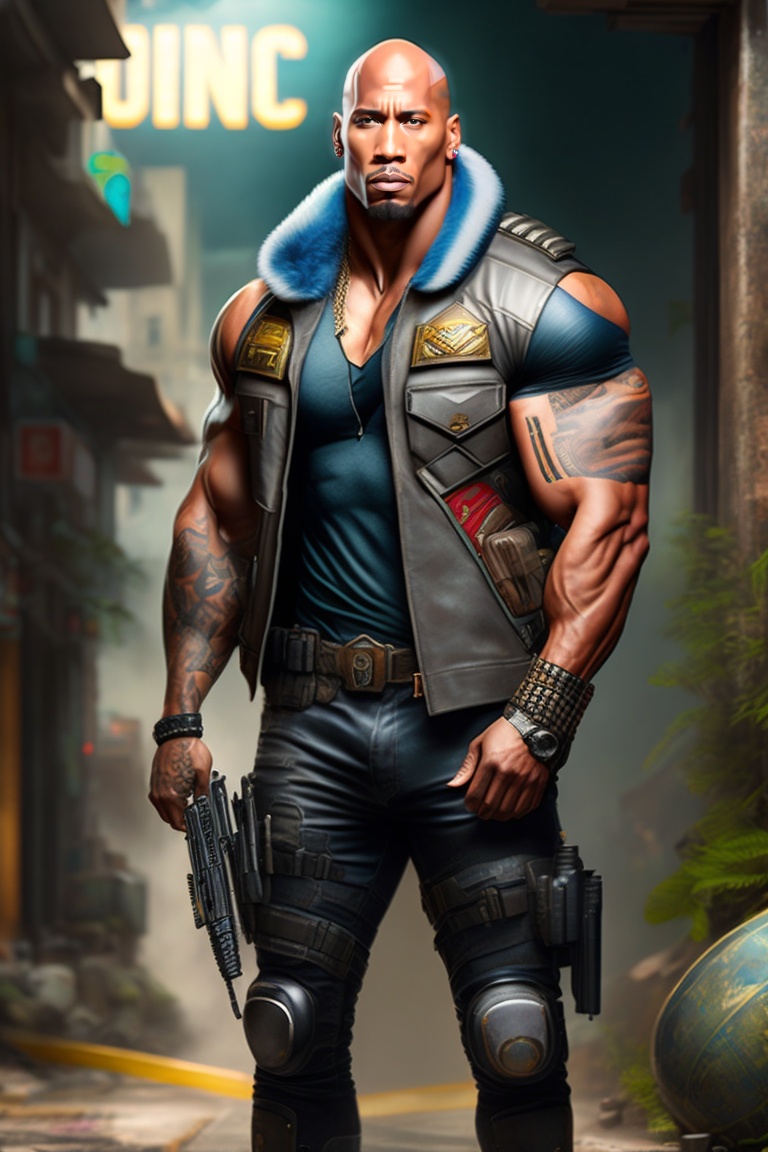 Lexica - Dwayne johnson, slum cyberpunk brazilian white man, holding a ...