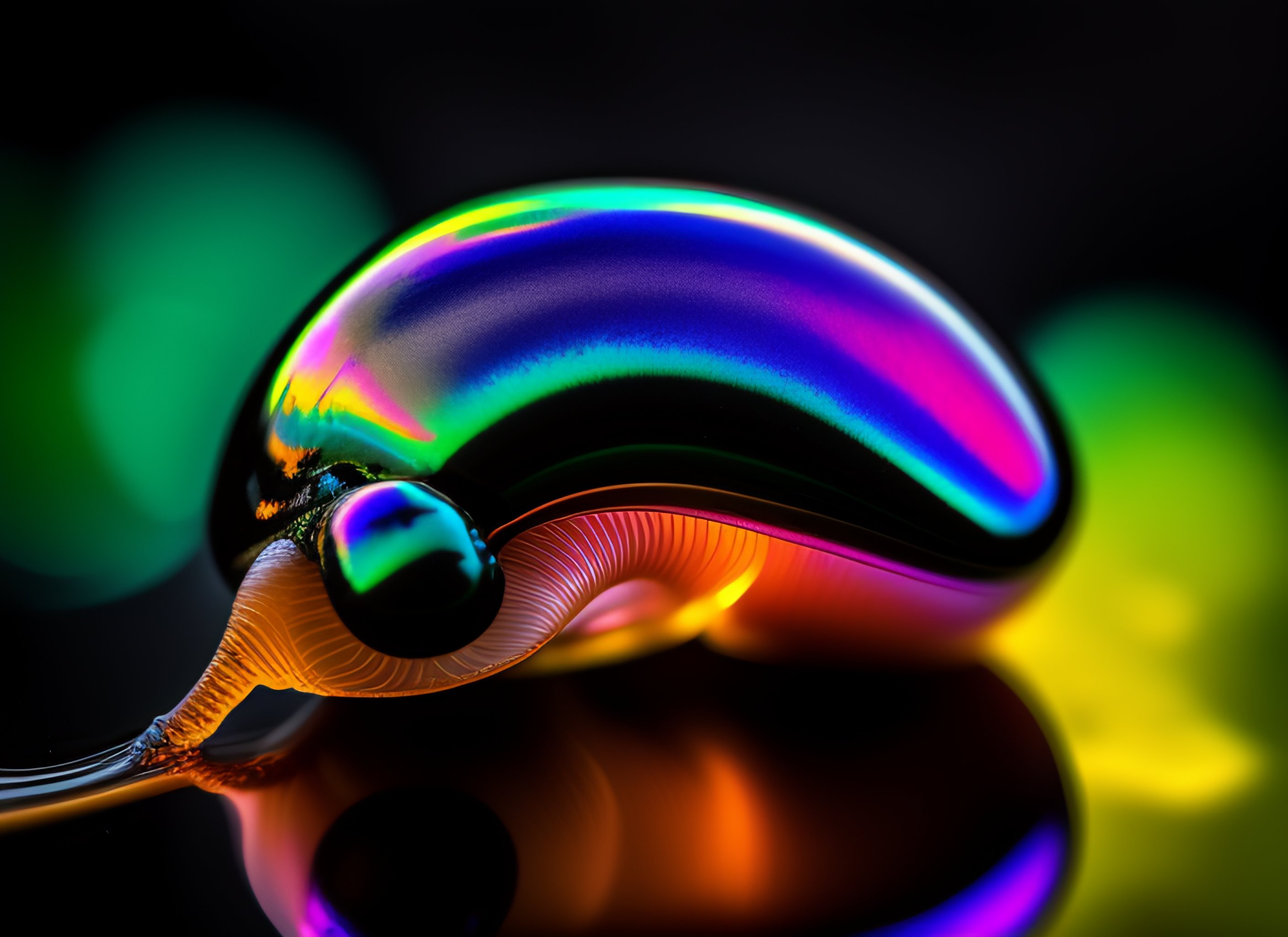 Lexica A photograph of a glossy iridescent black snail, eye stalks, thin stalks, swirling, low