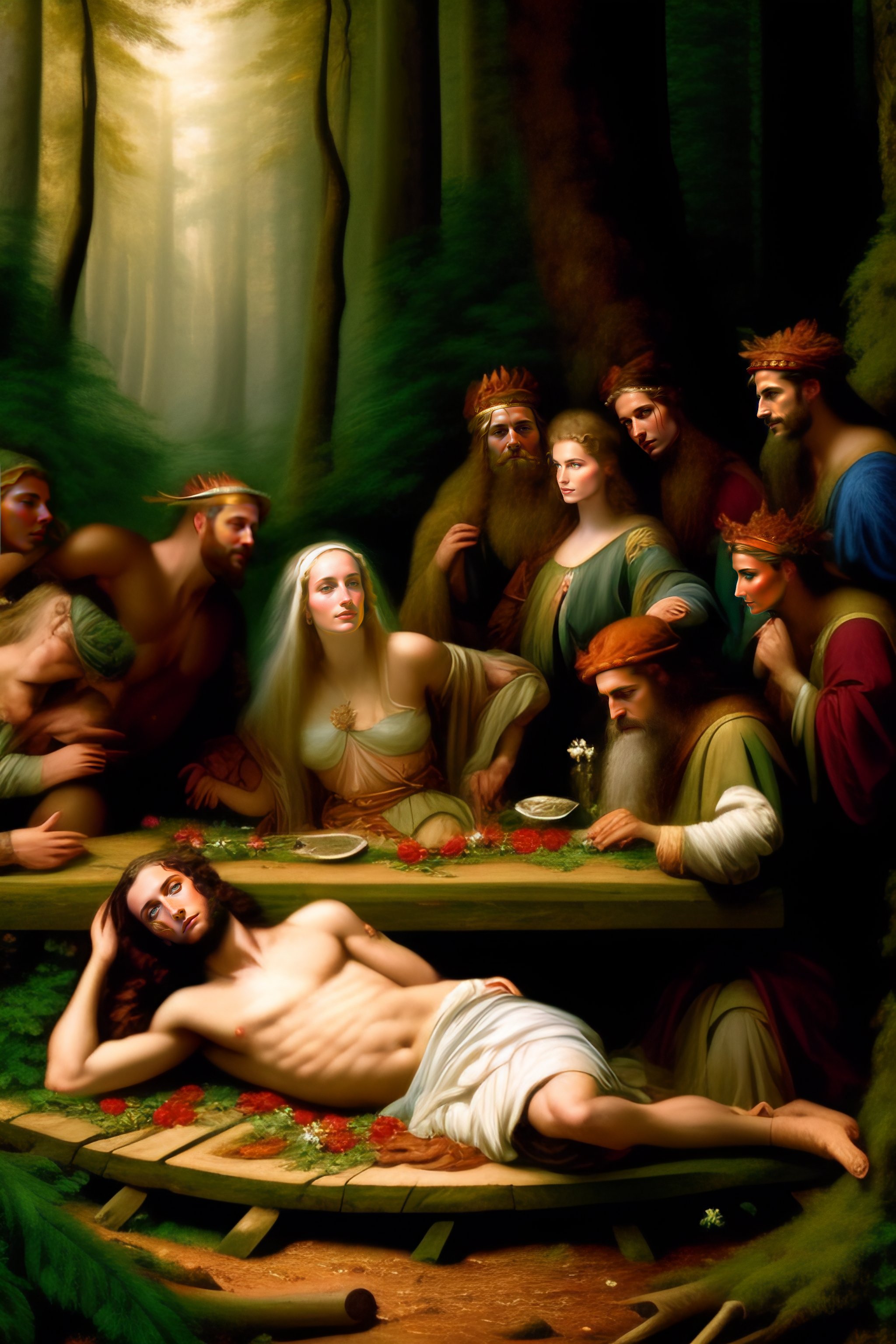 Lexica - A dead pope lying on an wooden table in a forest, surrounded ...