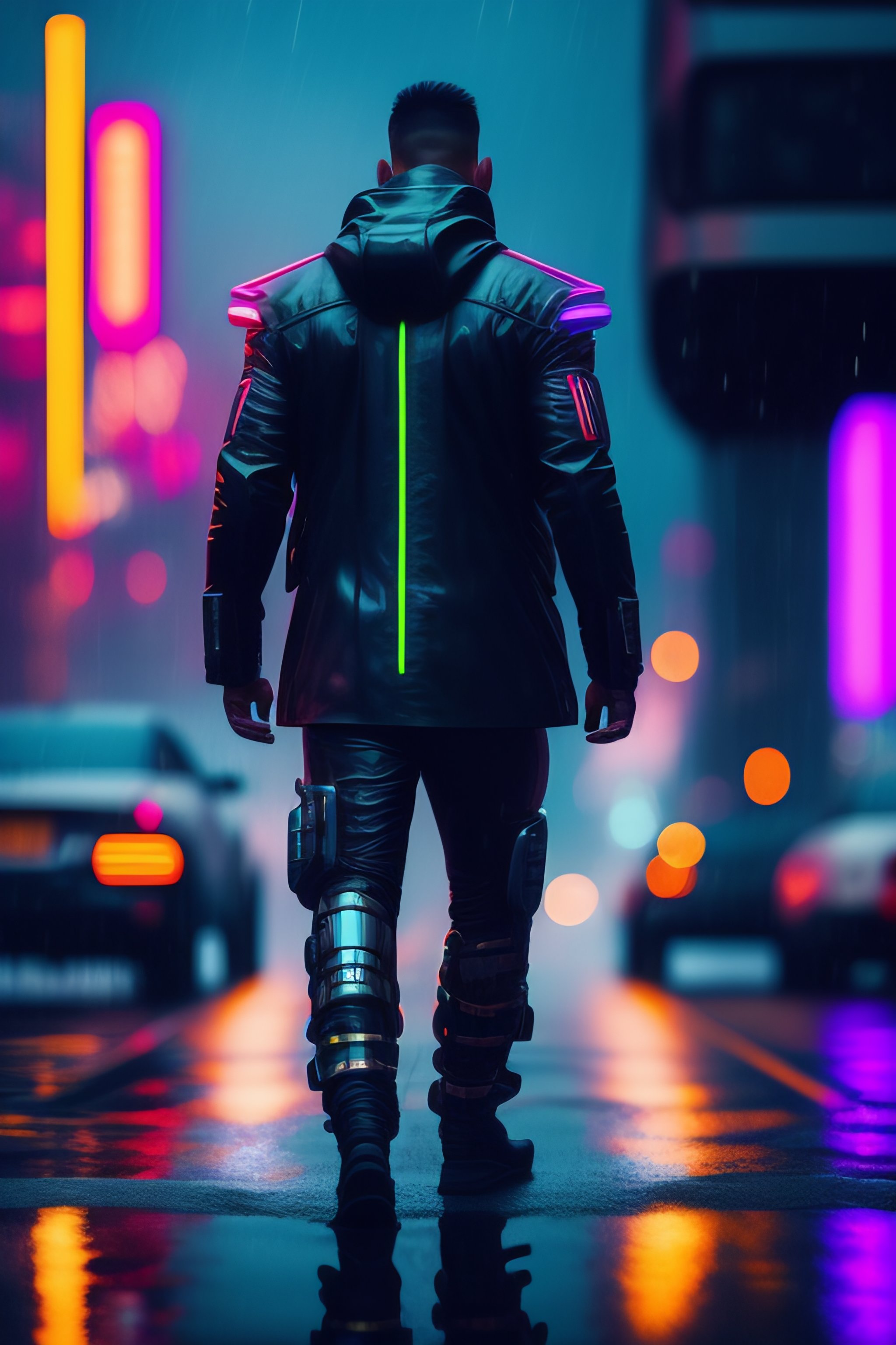 Lexica - Half cyborg, full body, in heavy rain, open road, neon lights ...