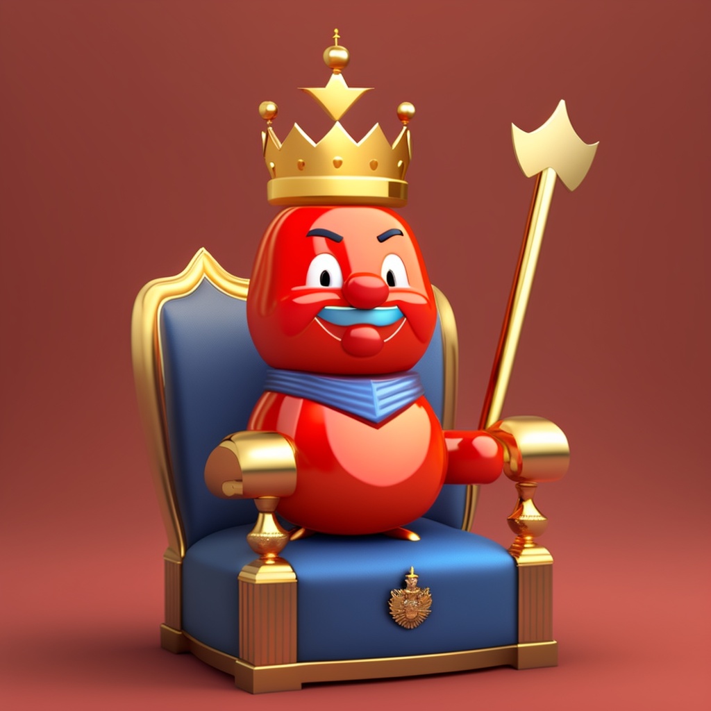 Lexica - A cartoon happy tomato sitting on a king's throne, dressed like a  king, wearing a golden crown, holding a scepter, image size:1024x1024