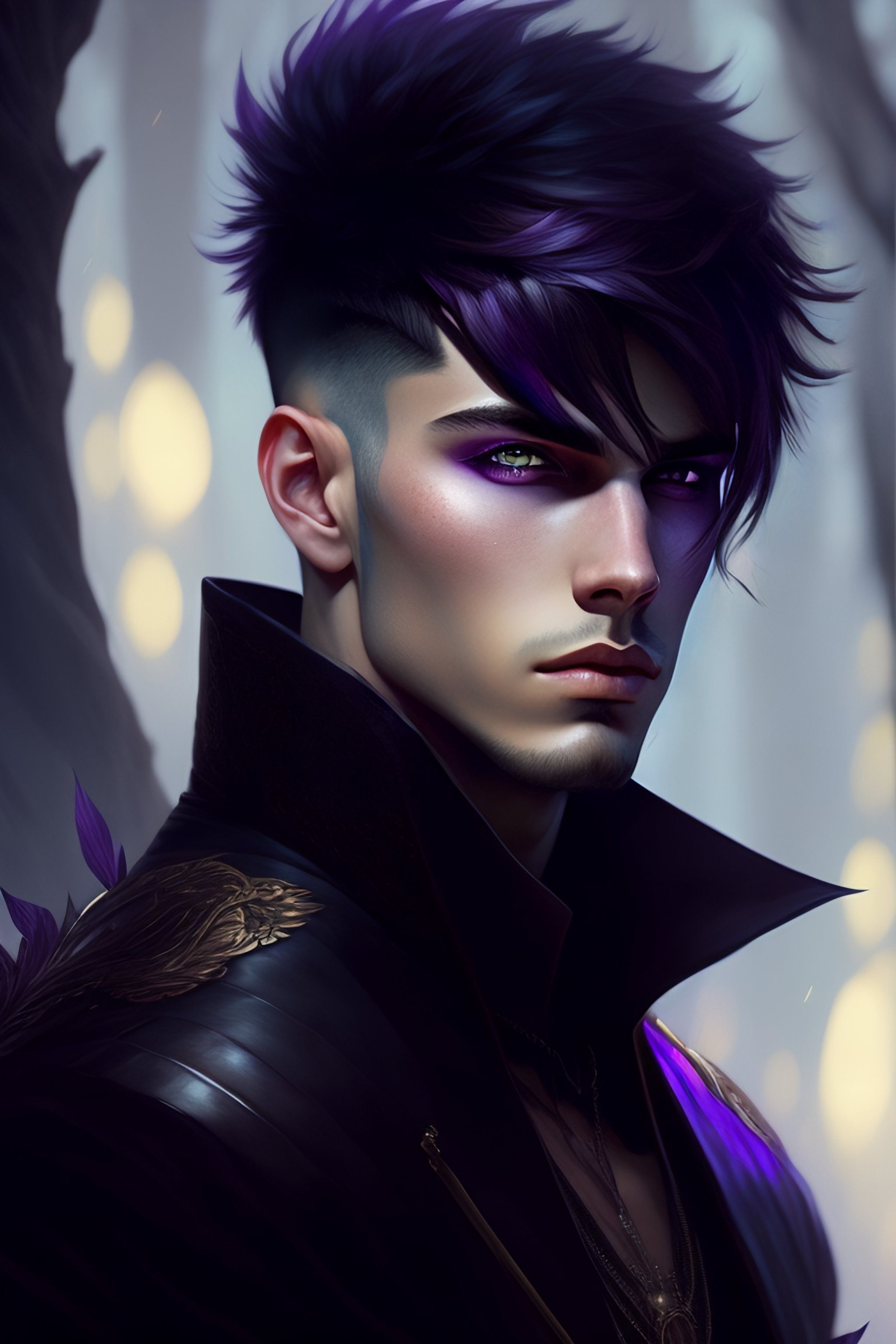 Lexica Young male with purple and black short hair bangs covering the