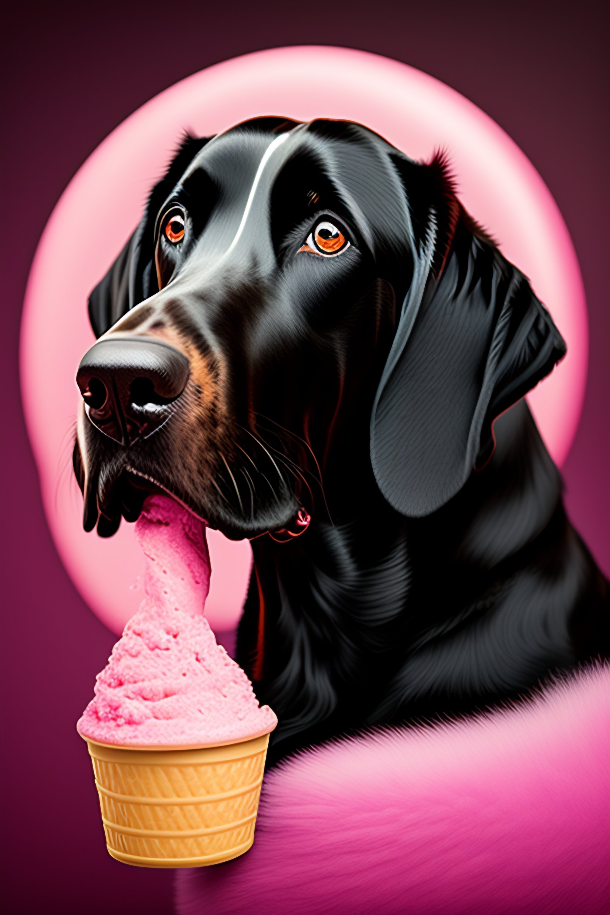 Lexica - Portrait of a cute black labradane licking a pink ice cream ...
