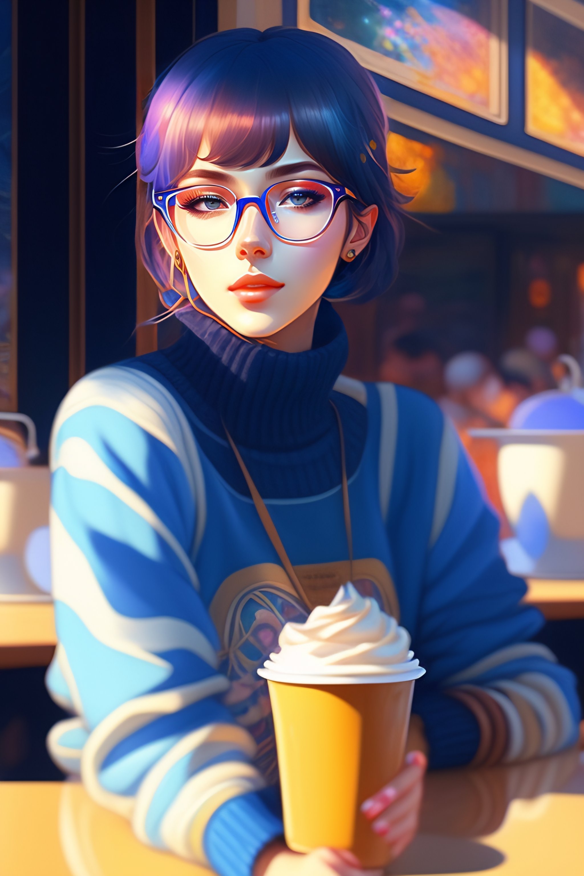 Lexica - Cute girl in blue sweater white hair black wayfarer glasses ...