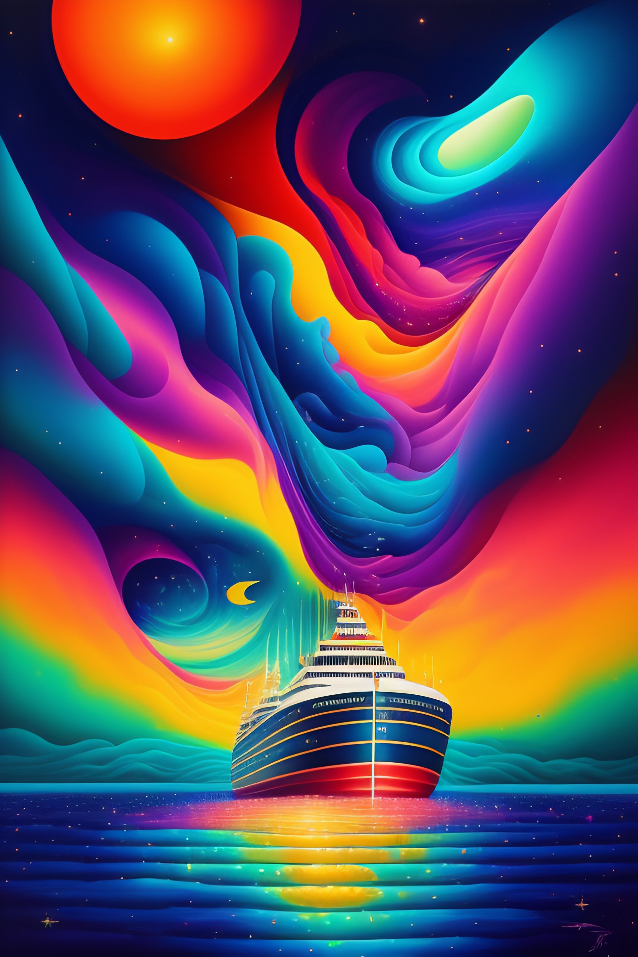 Lexica - Psychedelic painting of a ship navigating in space