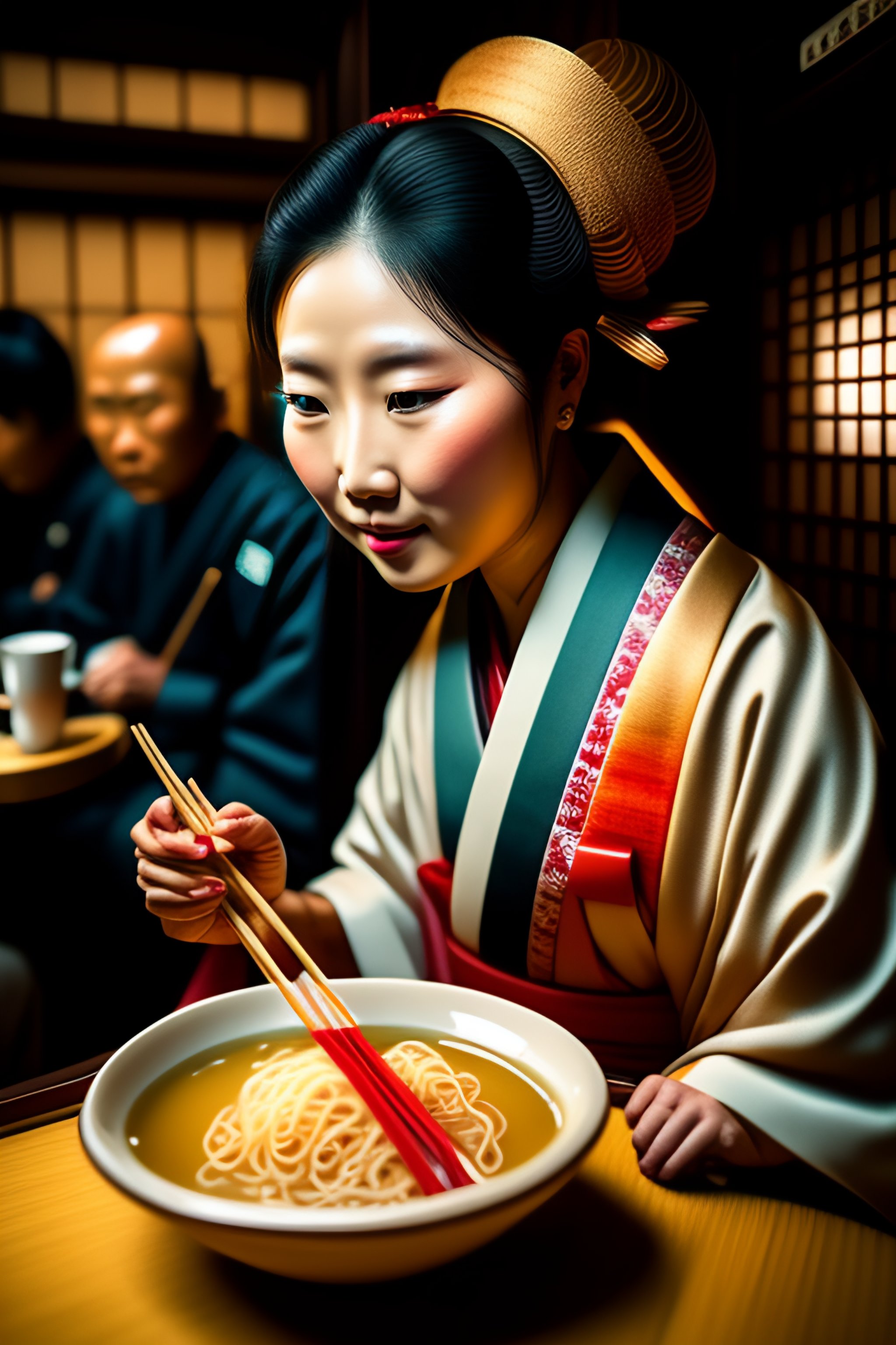Lexica - A delicate geisha eating noodles at a cozy kyoto izakaya