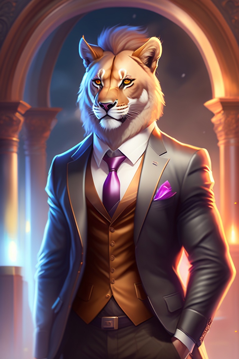 Lexica Anthro Furry Humanoid Lion Three Piece Black Suit Checking Watchcharacter Concept