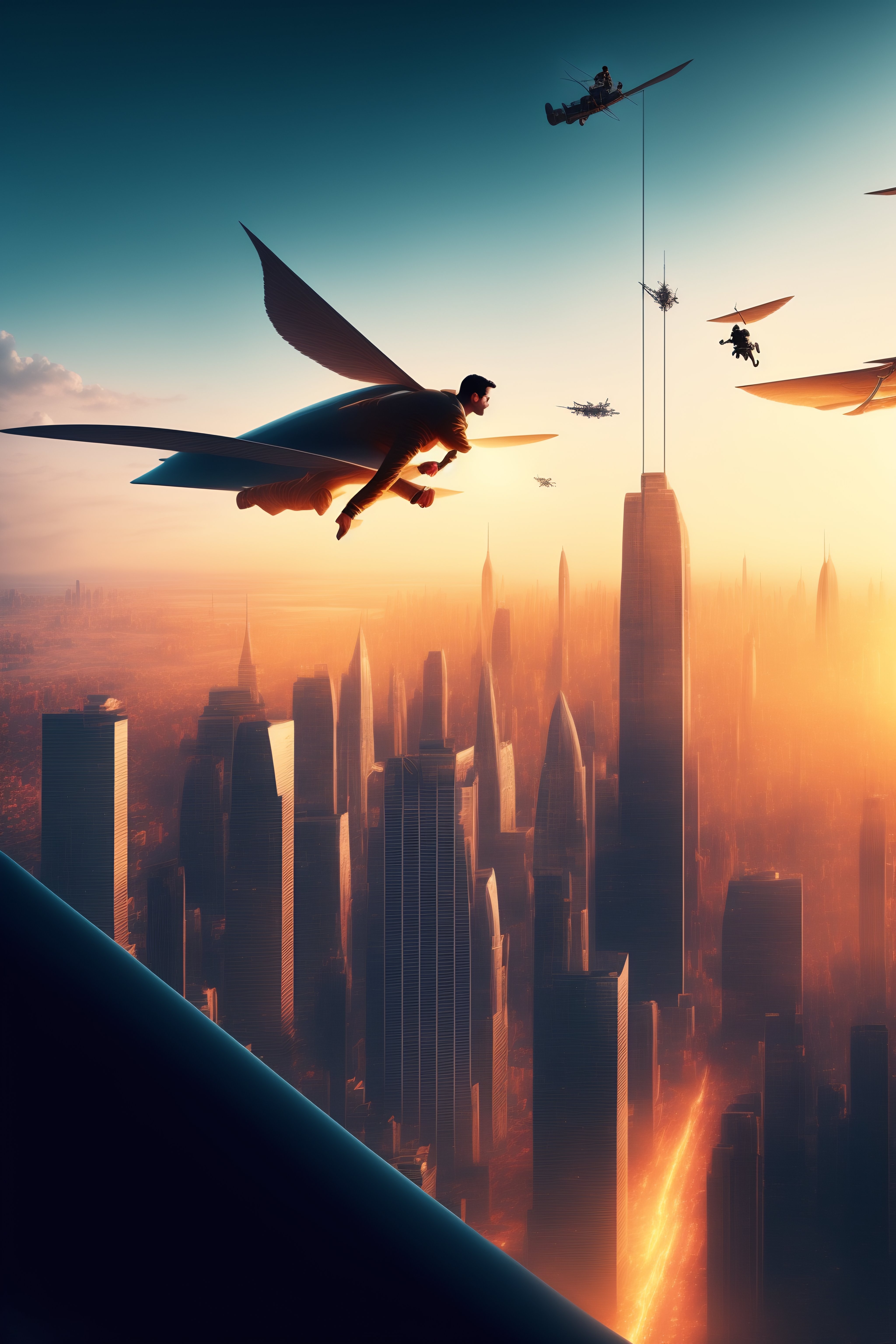 Lexica - A man flies through the sky over the city on a broomstick