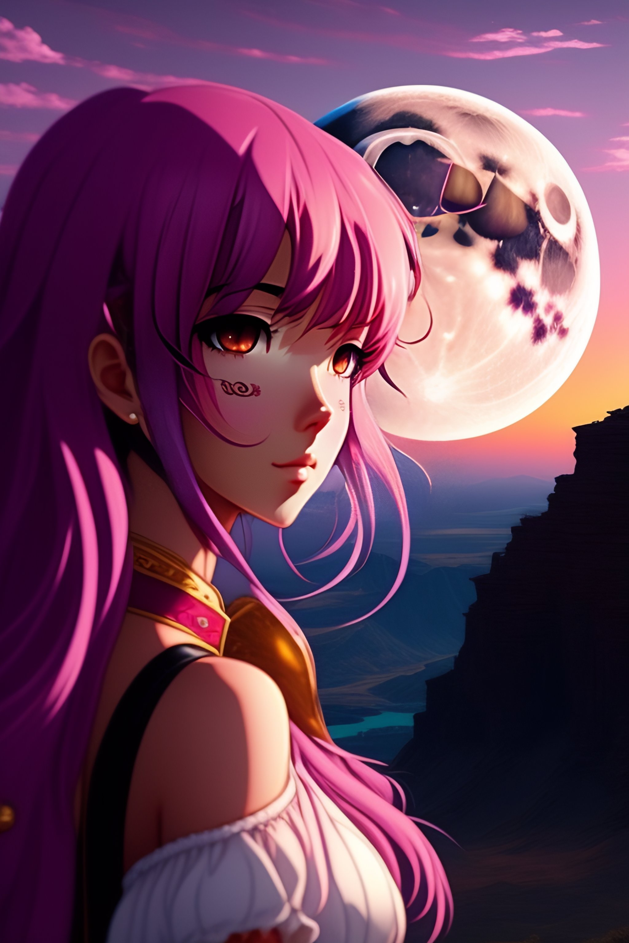 Lexica - Full moon, pink moon, anime, anime girl, long hair, view in  camera, no floor