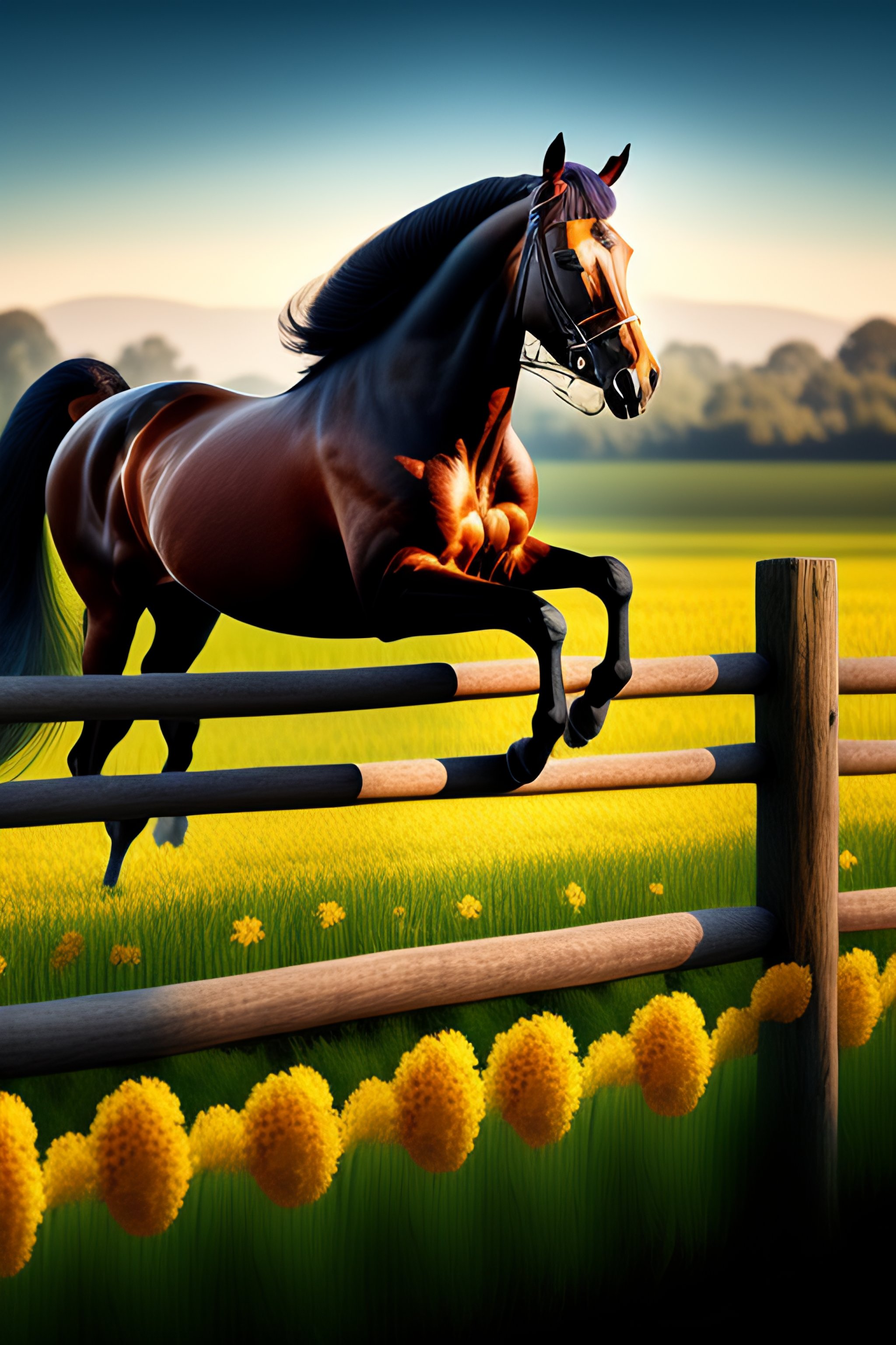 Lexica Realistic horse jumping over a fence in a flower field during