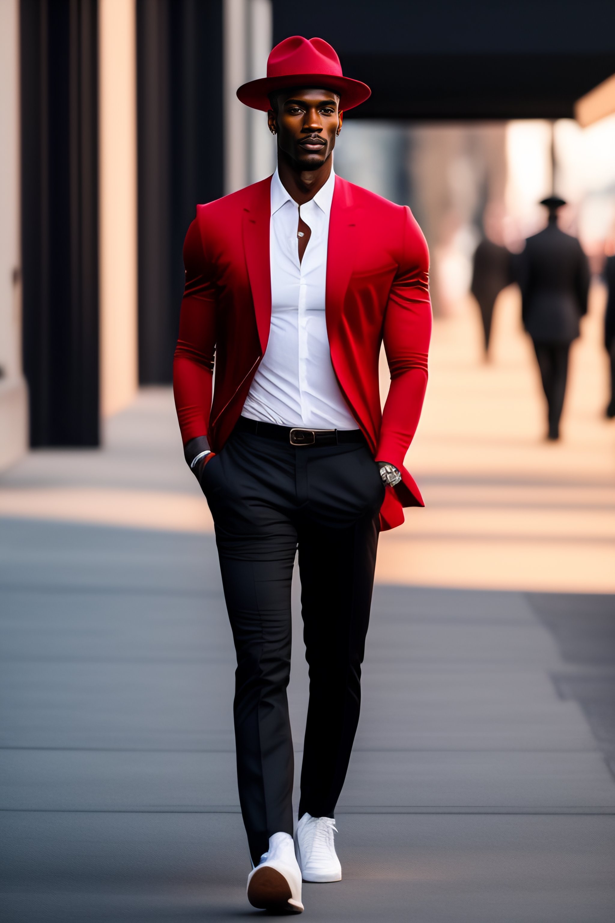 Lexica - A tall man wearing red shirt with cargo pant with black hat of