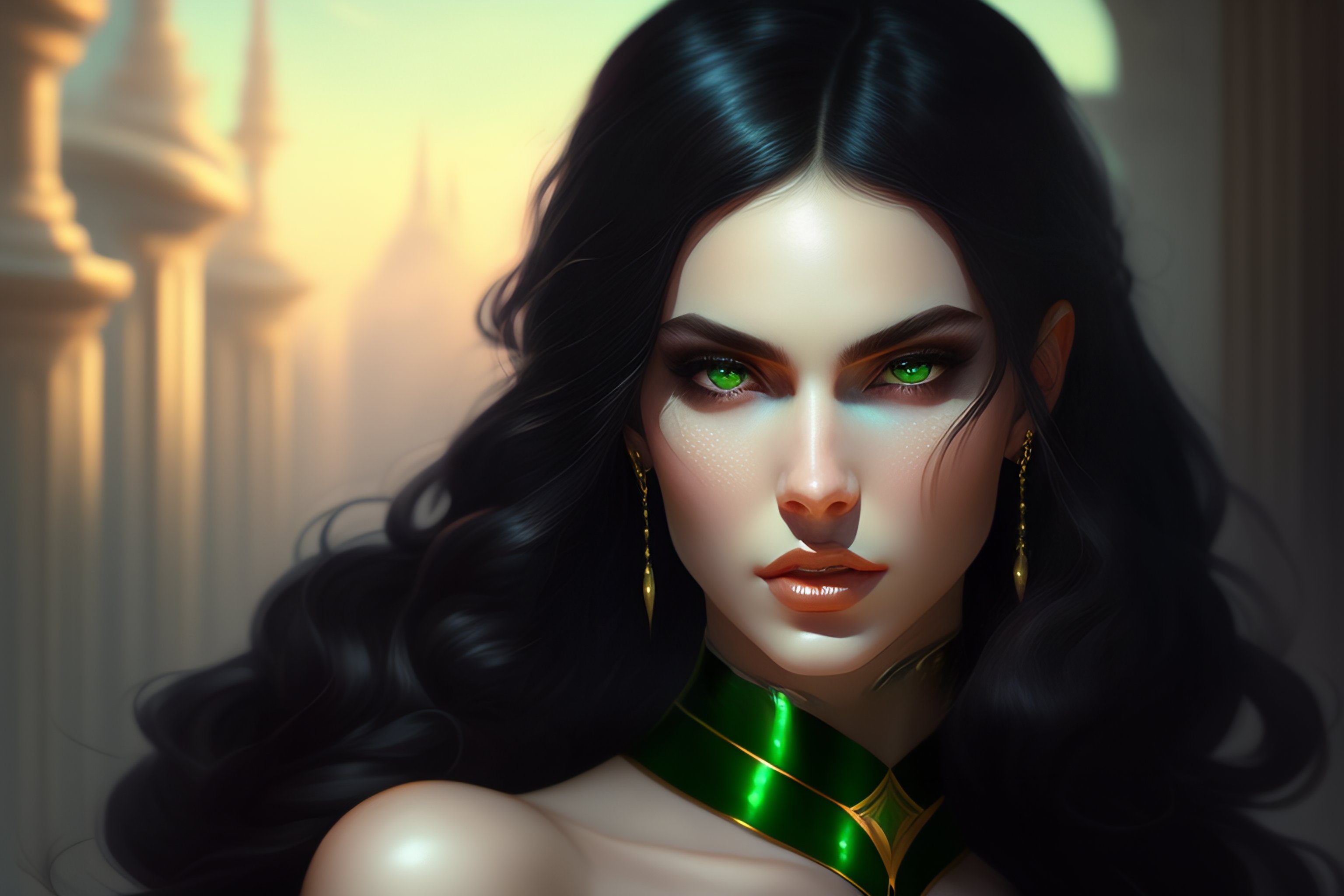 Lexica Black Hair Woman Pale Skin White Skin Green Eyes Black Clothes Evil Eyes Fantasy 8908