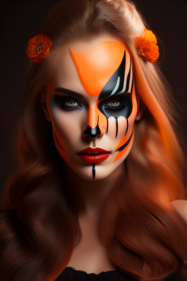 Lexica Horror makeup with skull teeth, with orange tones, with black tears in the eyes spilling.