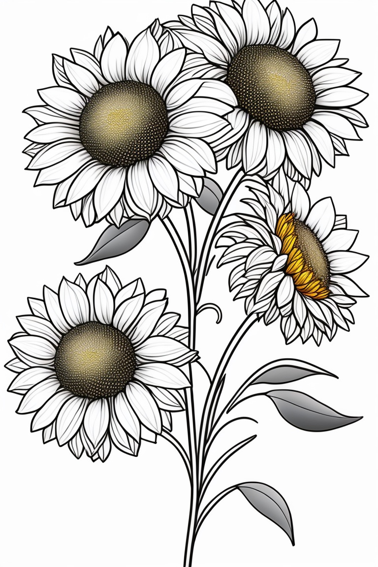 Lexica - Sunflower bouquet coloring page, black and white image