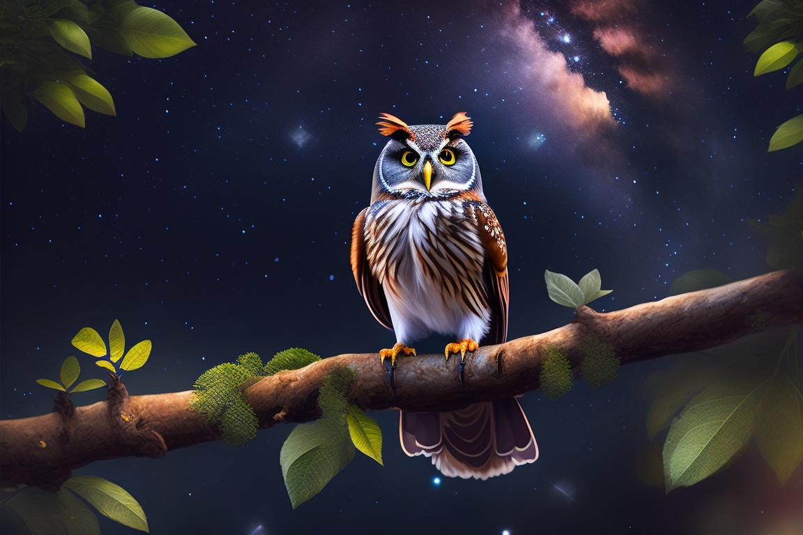 Lexica - Owl perched on a tree branch, gazing at the night sky with wonder