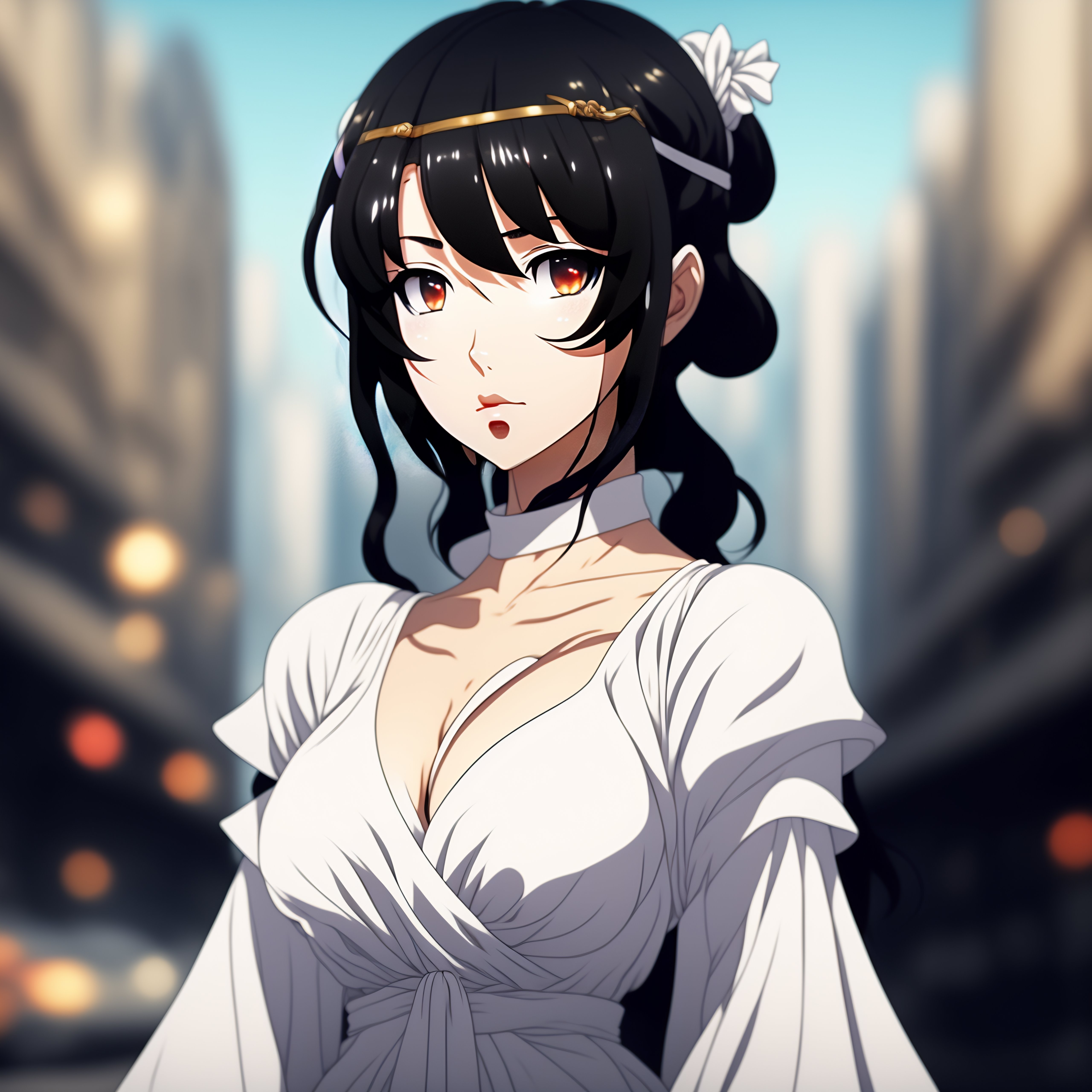 Lexica - Anime style, woman standing facing away from camera, black hair,  wearing a white dress