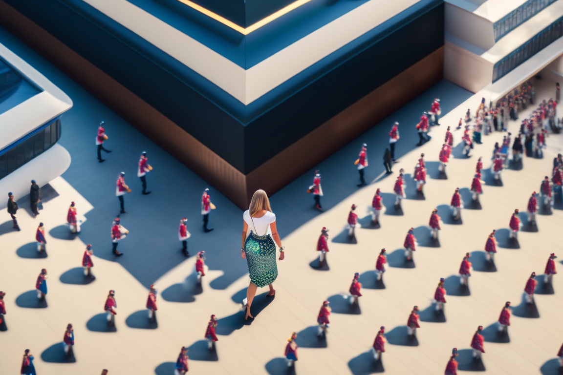 Lexica - Photo of a giant woman walking among thousands of tiny short men,  in city hall, between buildings, with the woman appearing giant compared...