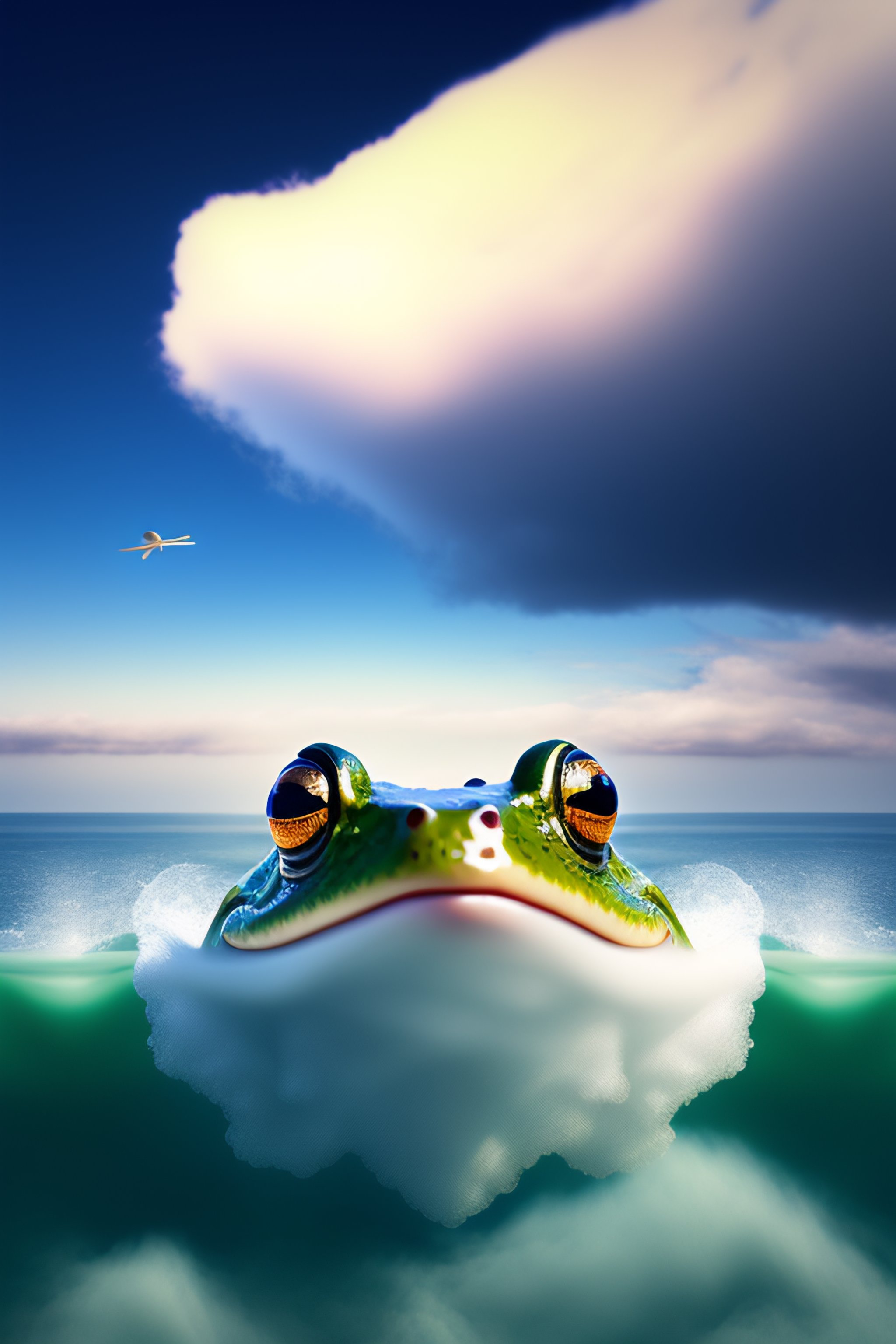 Lexica - A frog flying through the clouds watching the sea
