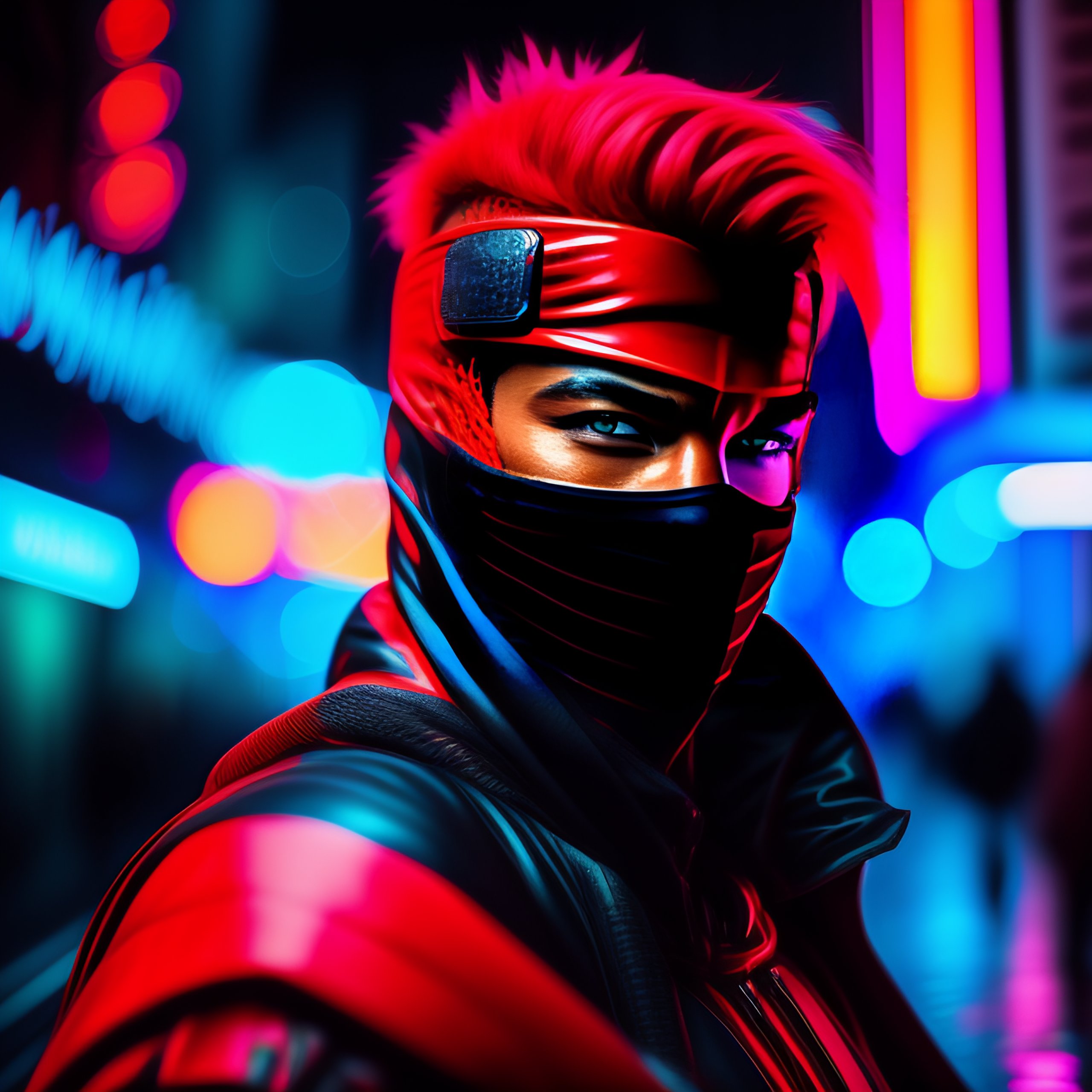 Lexica - Awesome looking red male ninja in cyberpunk style 8-bit neon  looking at the camera. ultra realistic, highly detailed, 4k, tokyo city  backgro