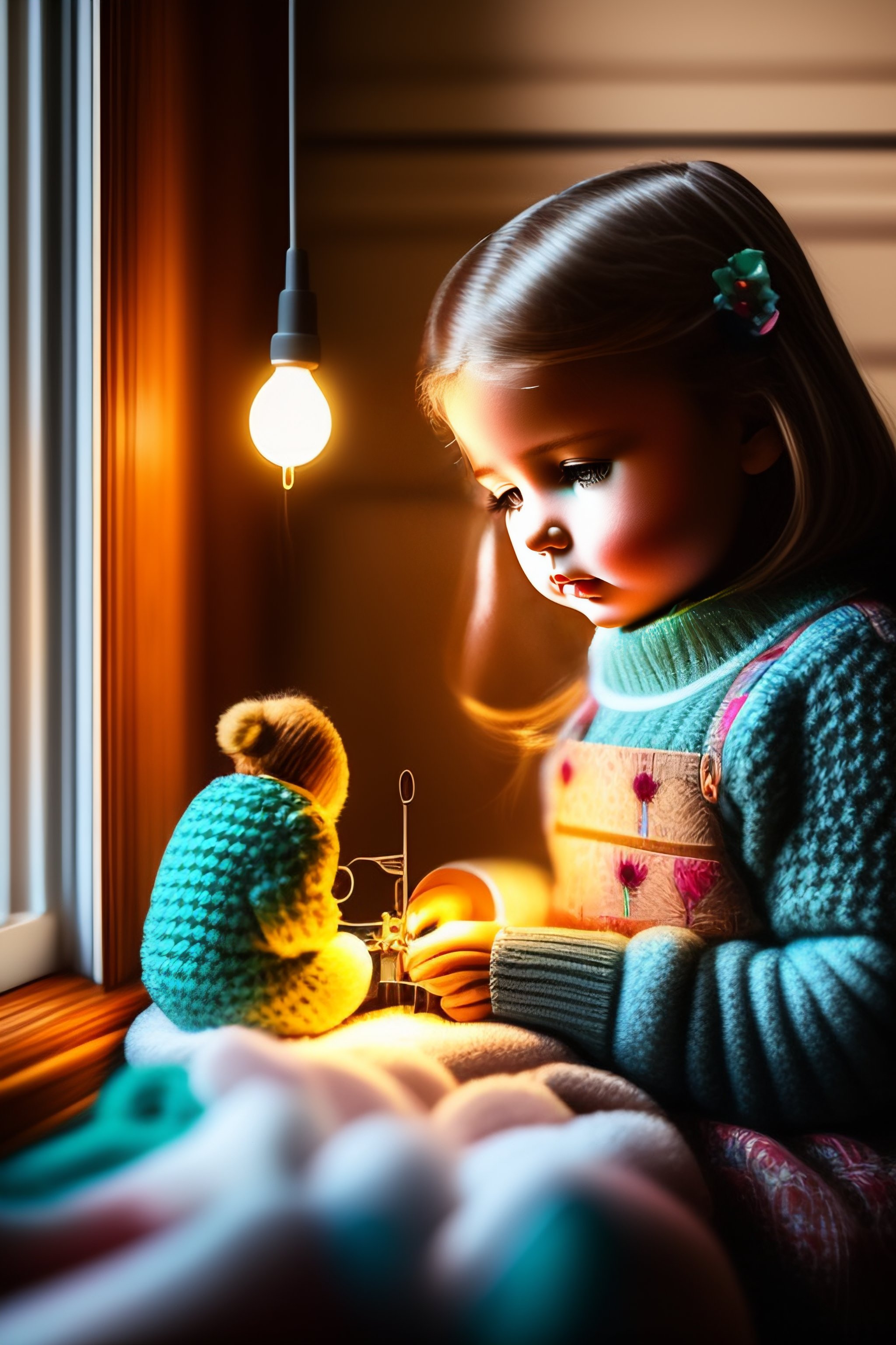 Lexica - The girl in the room is sitting and sewing a doll