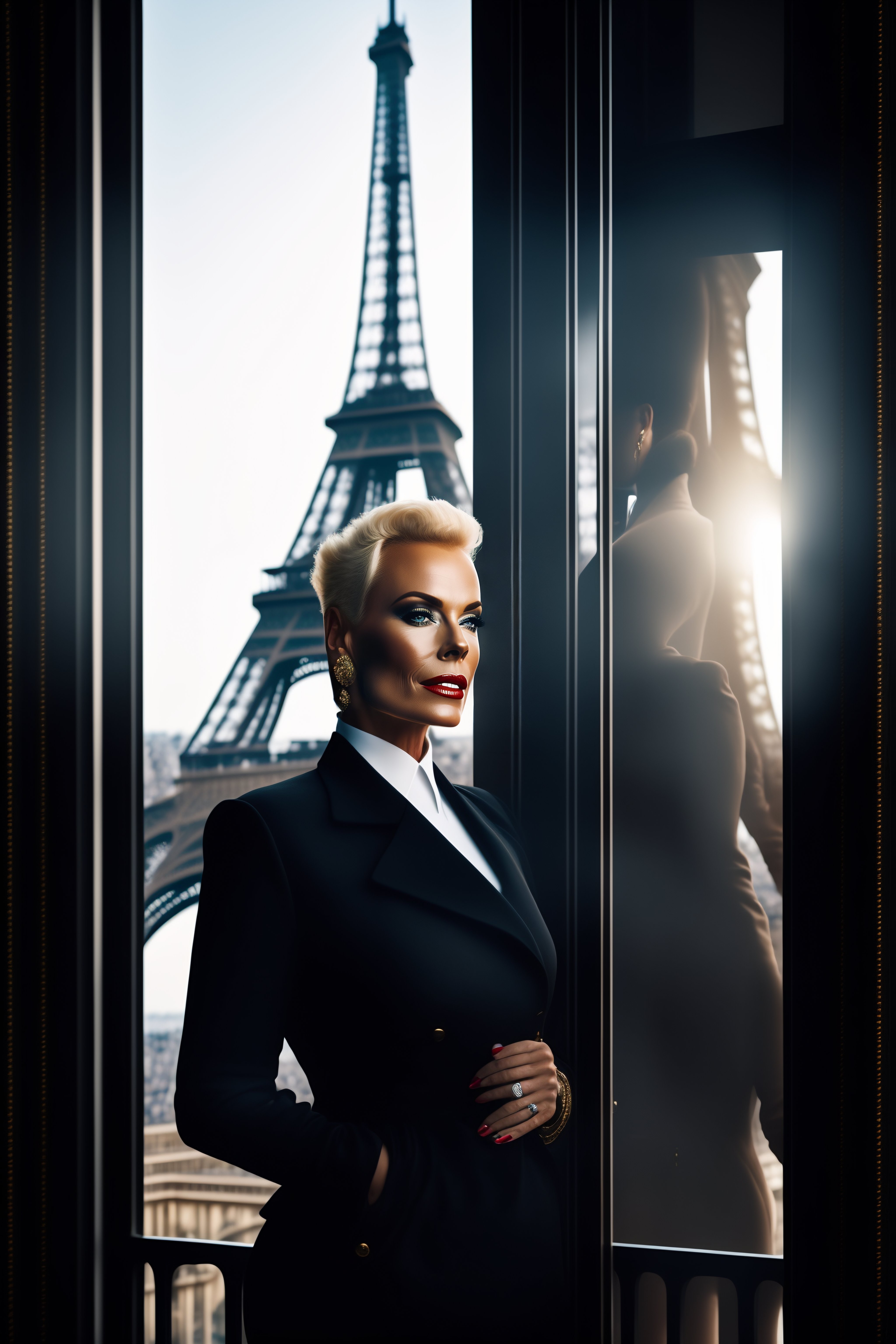 Lexica - Brigitte nielsen in front of a window in paris with the eiffel ...