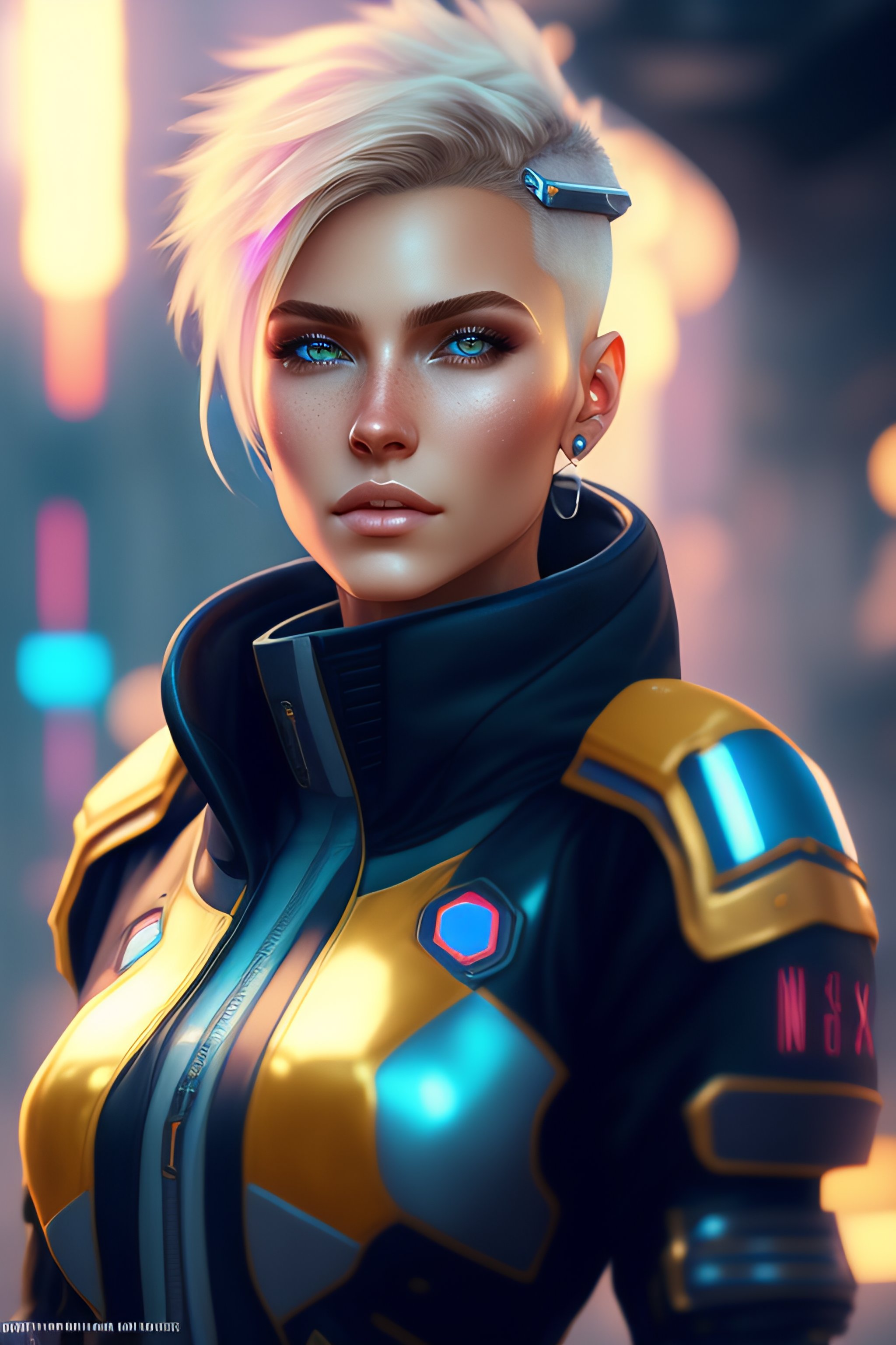 Lexica - Mech Punk clothes with short hair blond girl , blue eyes ...