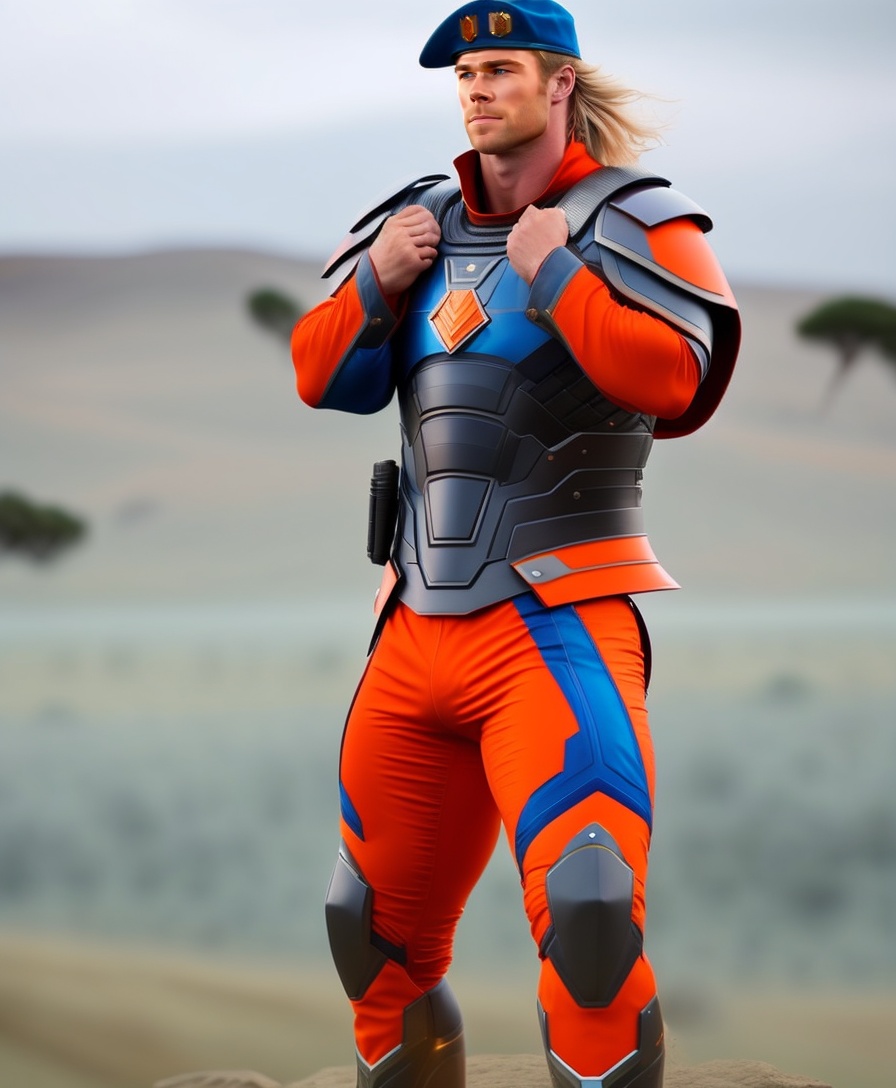 Lexica Chris Hemsworth, Orange army uniform, Armor, Blue lightning