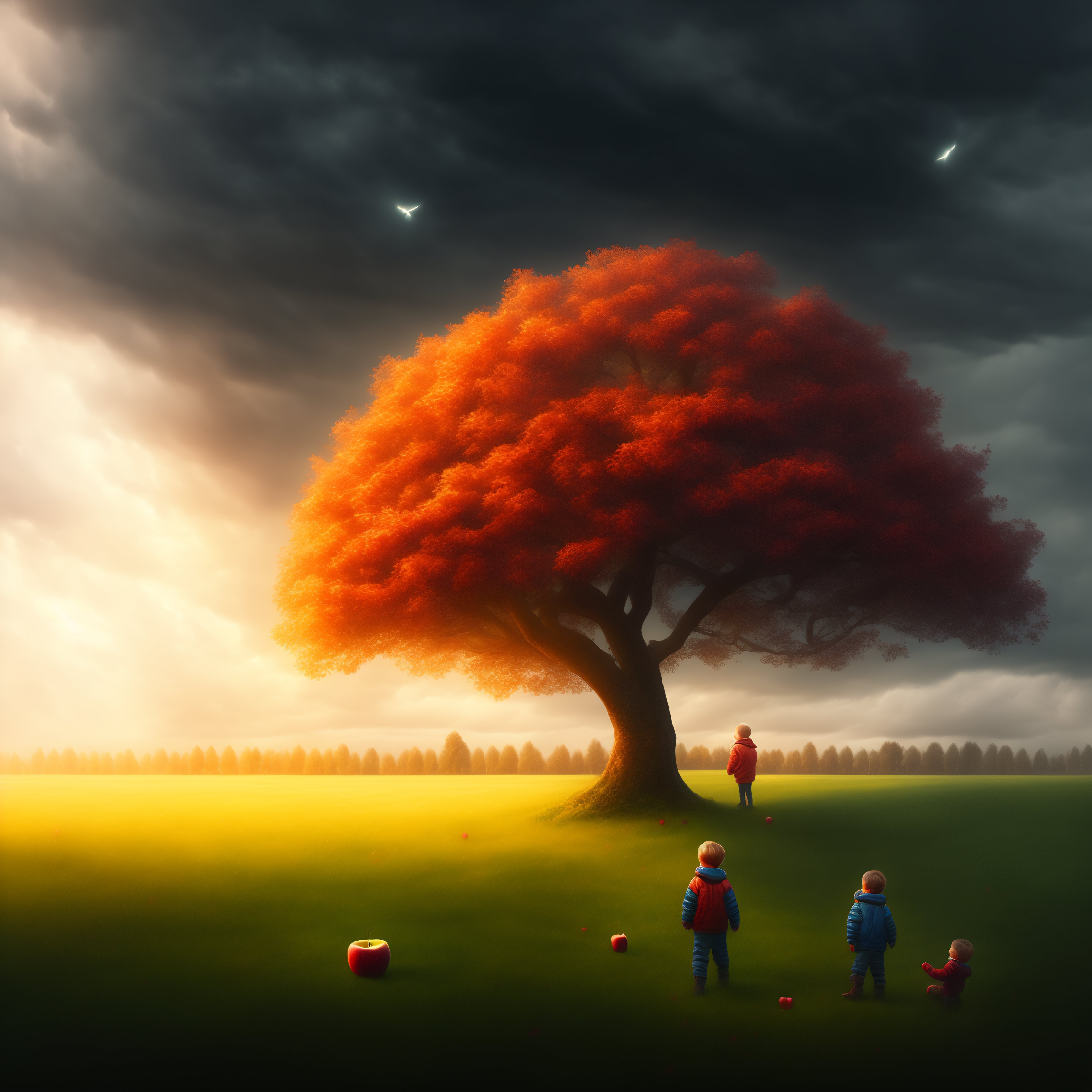 Lexica - Beautiful apple tree, apples on ground, child playing, stormy ...
