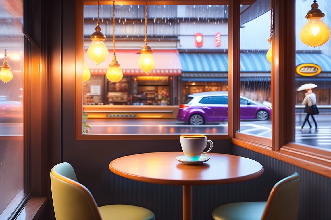 Lexica - A view of a rainy day from a cafe window, a cafe with ambient  light, ceiling light, anime style, 90s anime style, cozy environment, coffee  s...